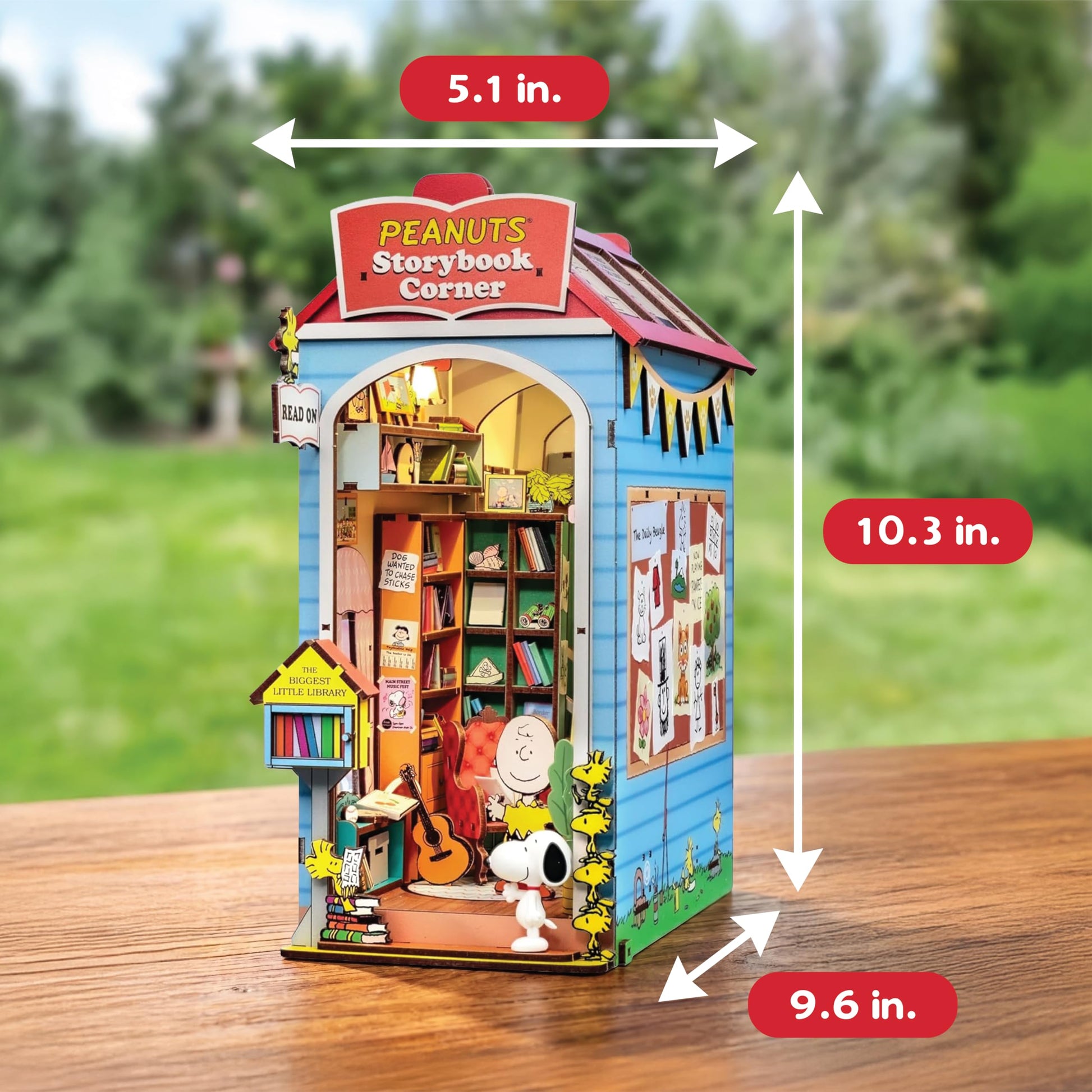 Hands Craft Peanuts Storybook Corner Book Nook Kit with Snoopy Figurine - Touch-Sensitive LED Light-Up House, 3D Wooden Puzzle - Bookshelf Diorama