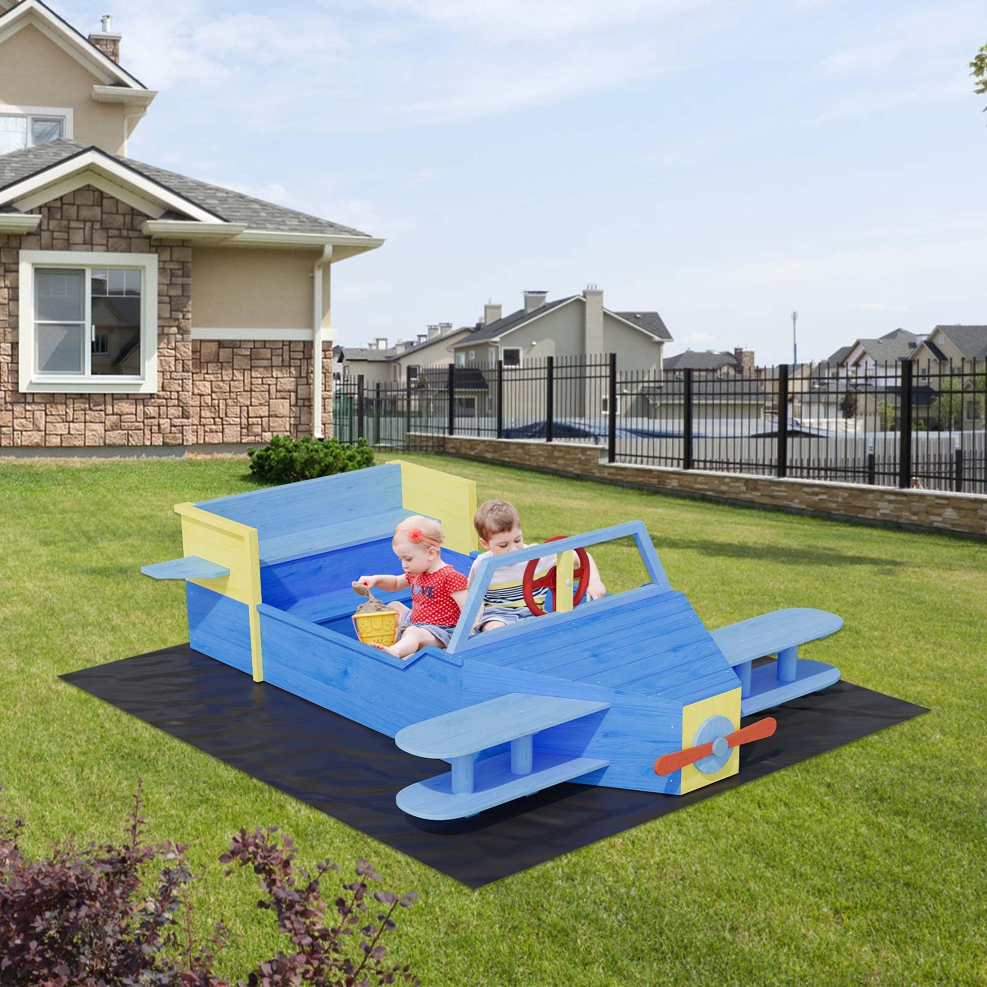 Wooden Sandbox, Outdoor Sand Box Bottom Liner, Adjustable Height & Rotatable Canopy for Ages 3-8, Spacious Kids Sand Pit for Beach, Patio, Backyard