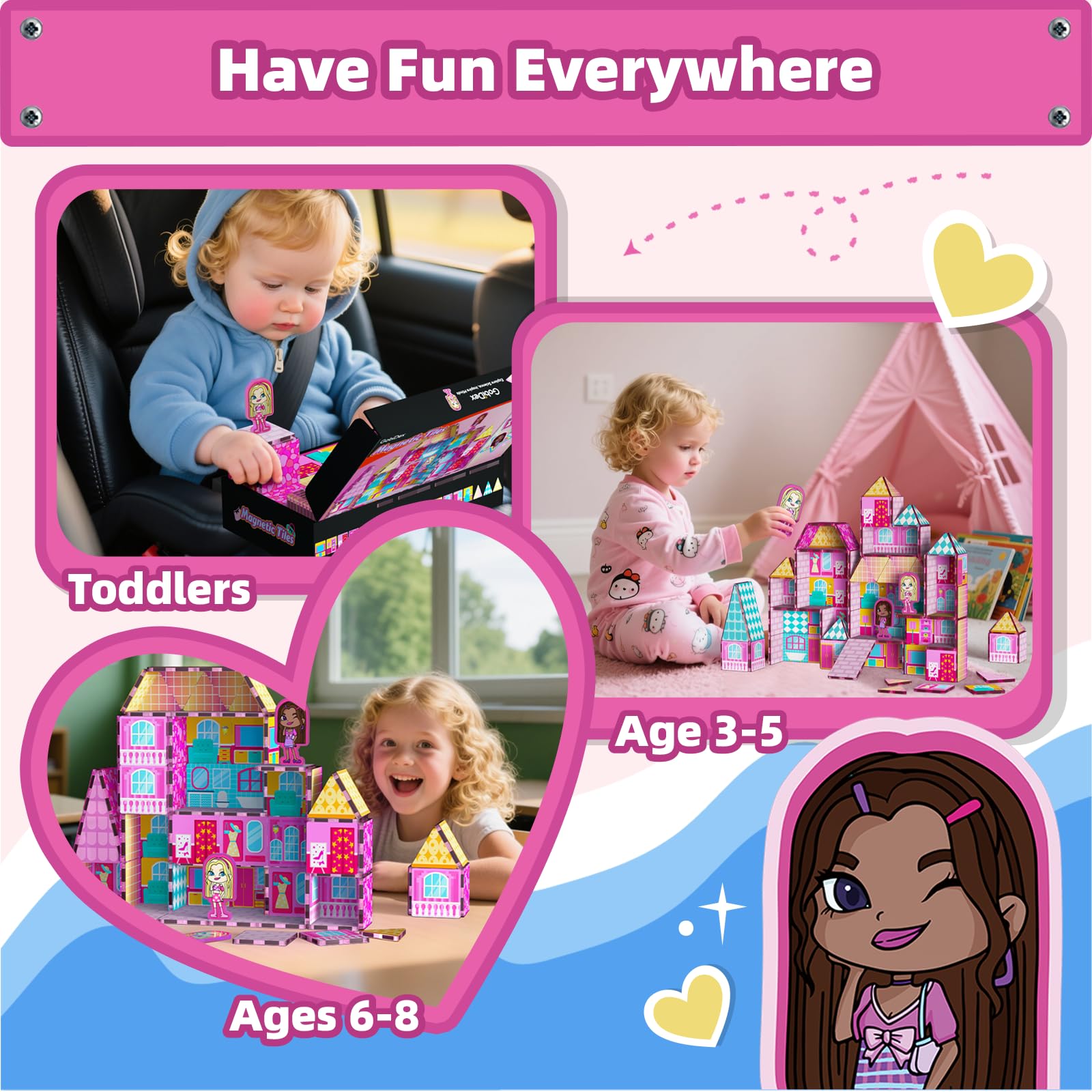 GobiDex Princess Magnetic Tiles for Girls, Princess Castle Magnetic Building Blocks for Kids Ages 3-5 4-8, Magnets Sensory Toddler Toys Birthday Gifts