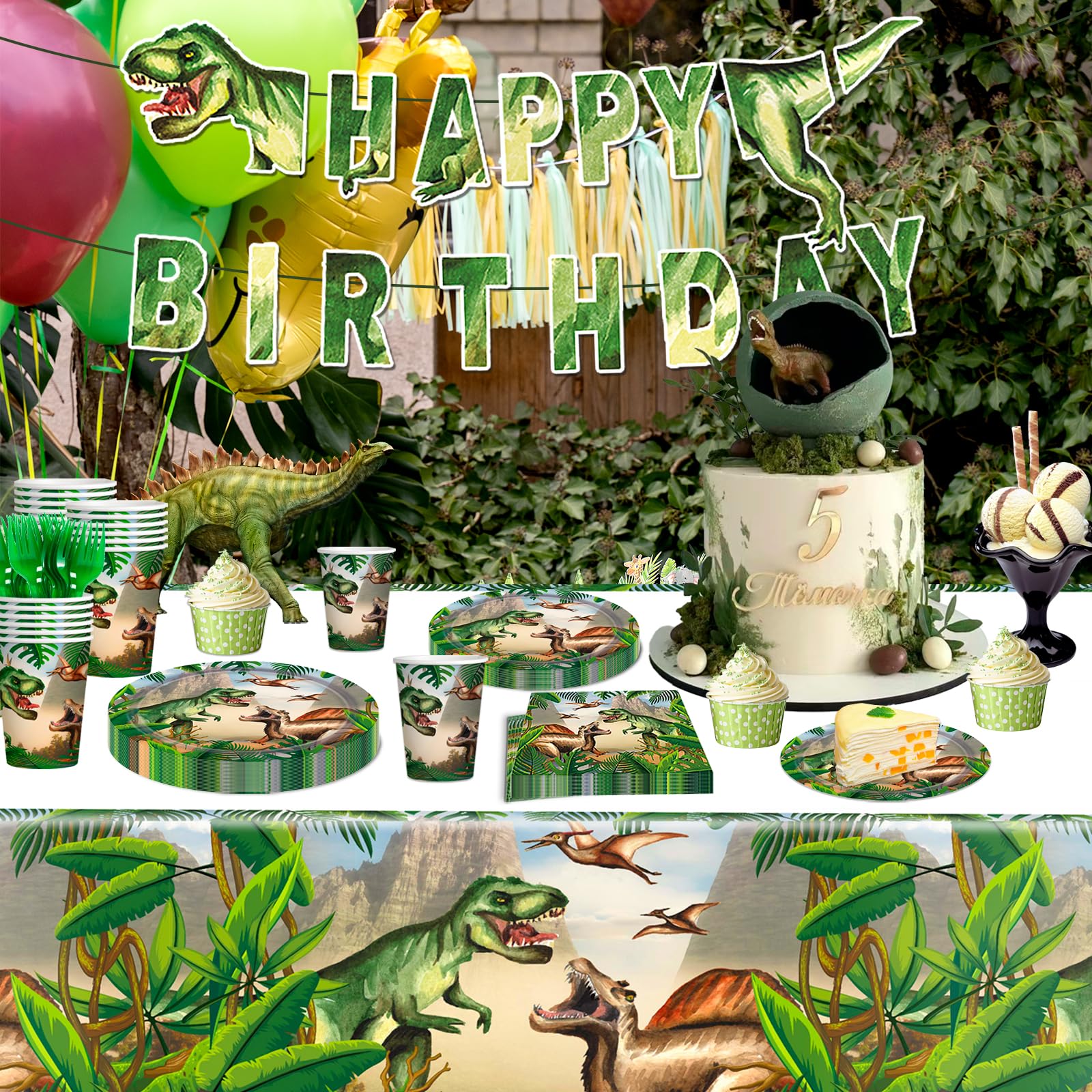 Dinosaur Theme Birthday Party Supplies Dinosaur Party Decoration Includes Plates Napkins Cups Forks Dino Banner Tablecloths Tableware for Birthday