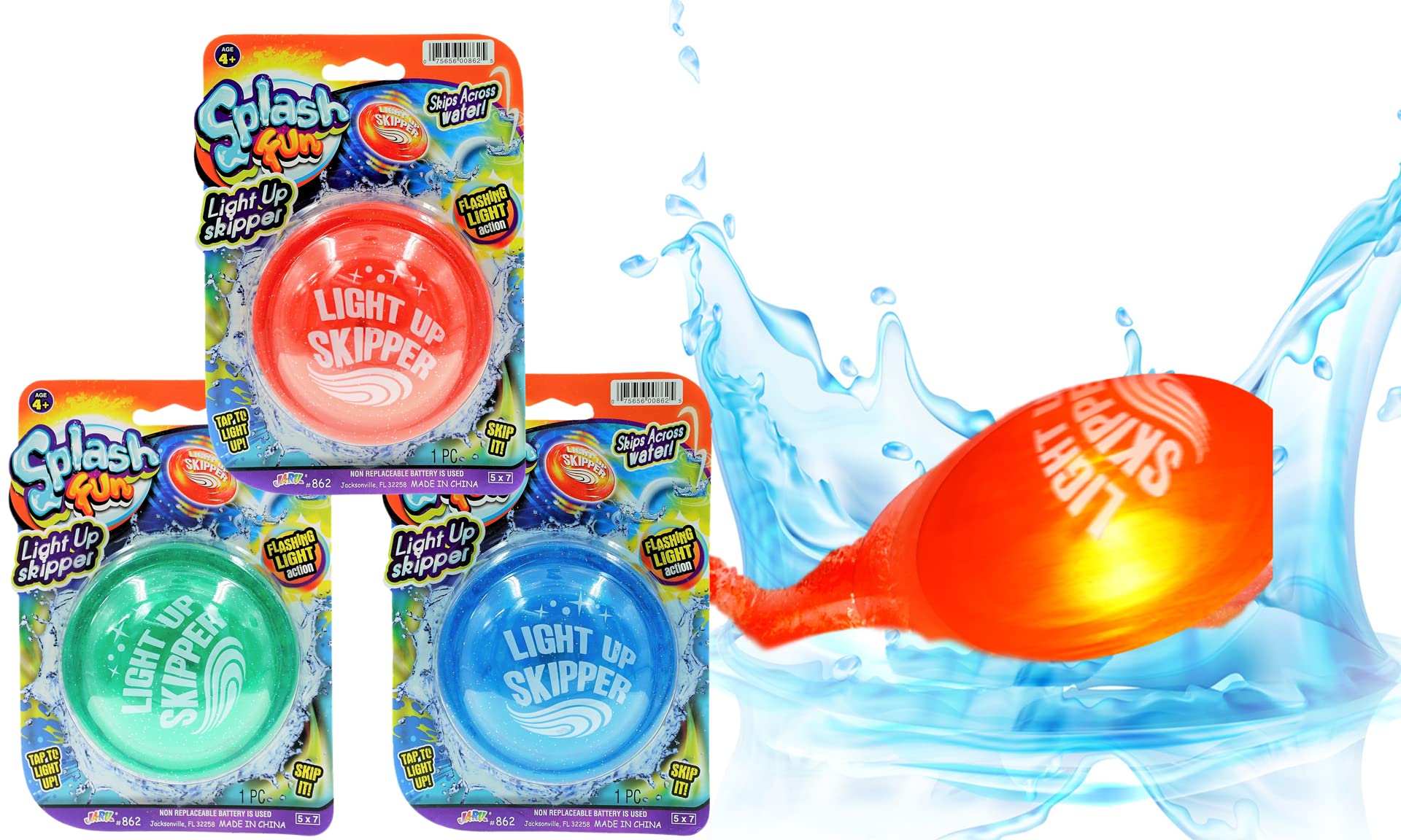 JA-RU Light Up Water Skipper Disc (3 Discs) - Water Skipping Toy for Kids, Pool & Travel Beach Toys for Summer Outdoor Play, Party Favors & Easter