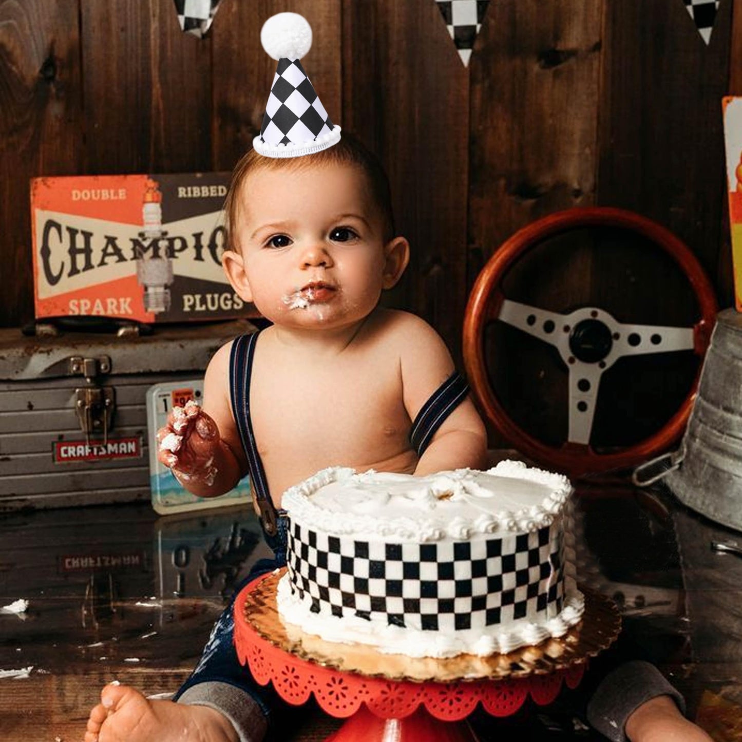 AOQURE Race Car First Birthday Hat - Race Car 1st Decorations,Black And White Checkered Racing Hat,Two Fast Car Birthday Decorations,Fast One Birthday