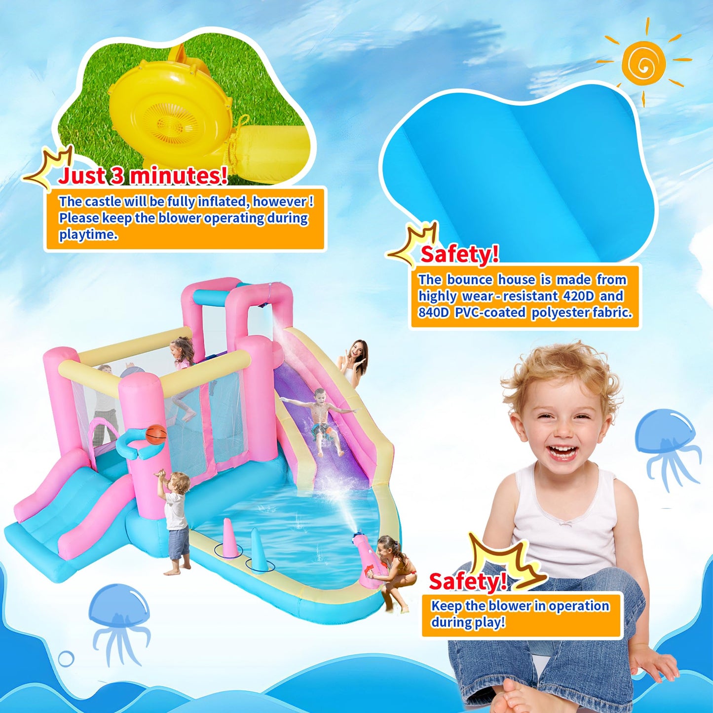 Bestsun Inflatable Water Slide for Kids, Bounce House with Slide, Pool, Water Cannon, Climbing Wall, Blower Included, Outdoor Summer Fun for Kids