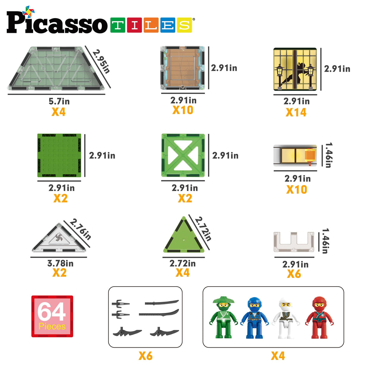 PicassoTiles Magnet Tile Building Blocks Ninja Dojo House Theme STEM Playset with 4 Character Action Figure Ninjas Weapon Accessories Magnetic Tiles