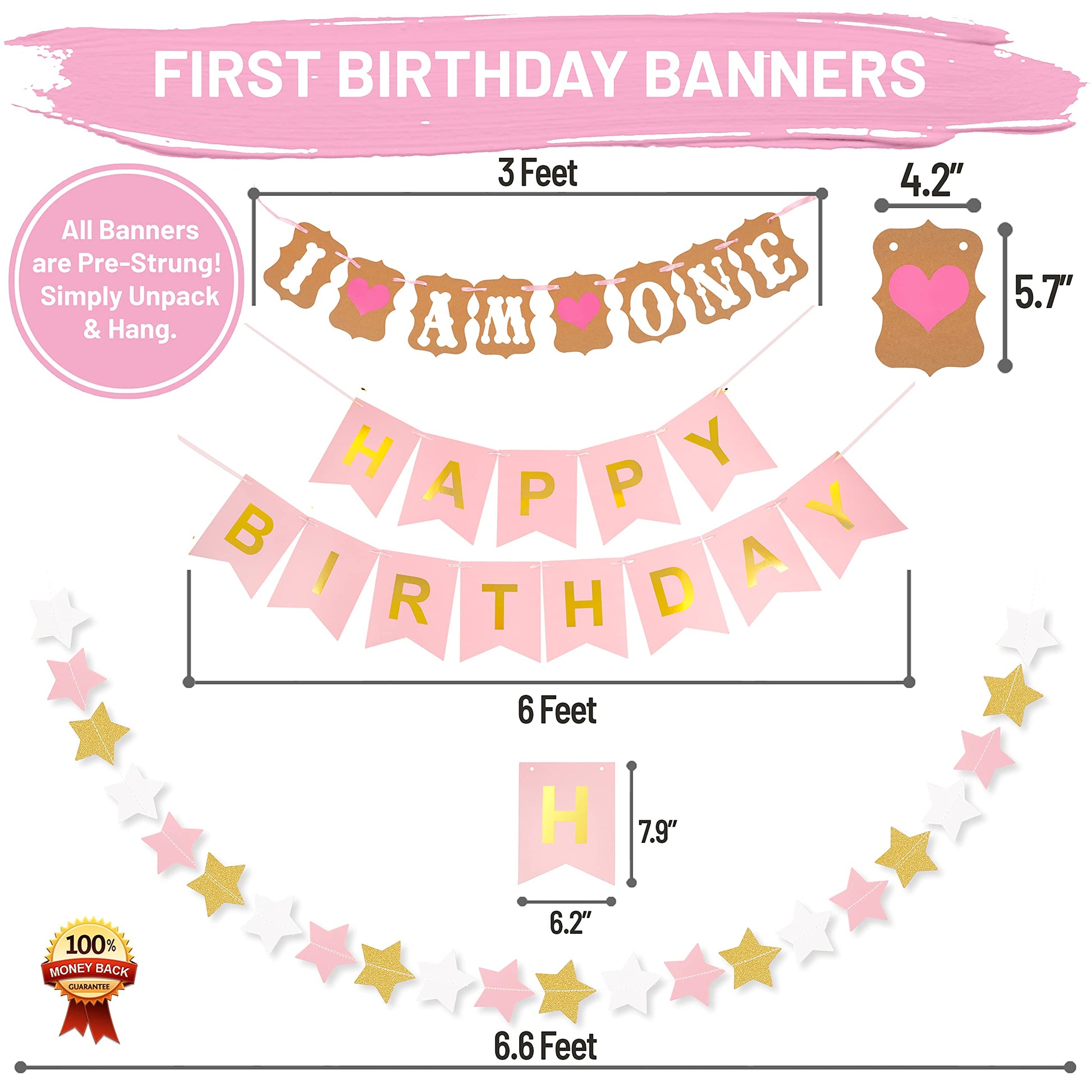 1st Birthday Girl Decorations WITH Birthday Crown- Baby First Birthday Decorations Girl - Pink and Gold Party Supplies - One Balloon, Heart