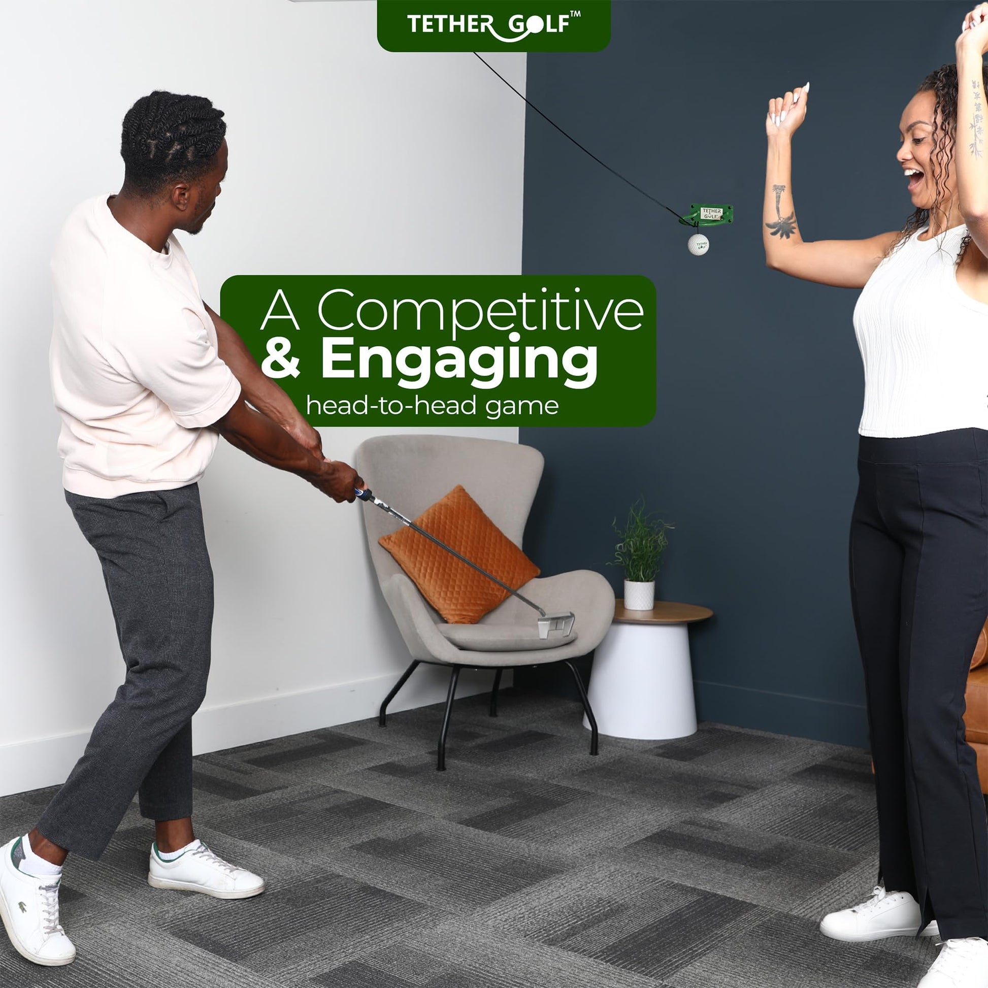 Tether Golf Mini Indoor & Outdoor Golf Game - Unique Golf Game for the Whole Family to Enjoy - Use Your Favorite Putter or Toss by Hand to Score