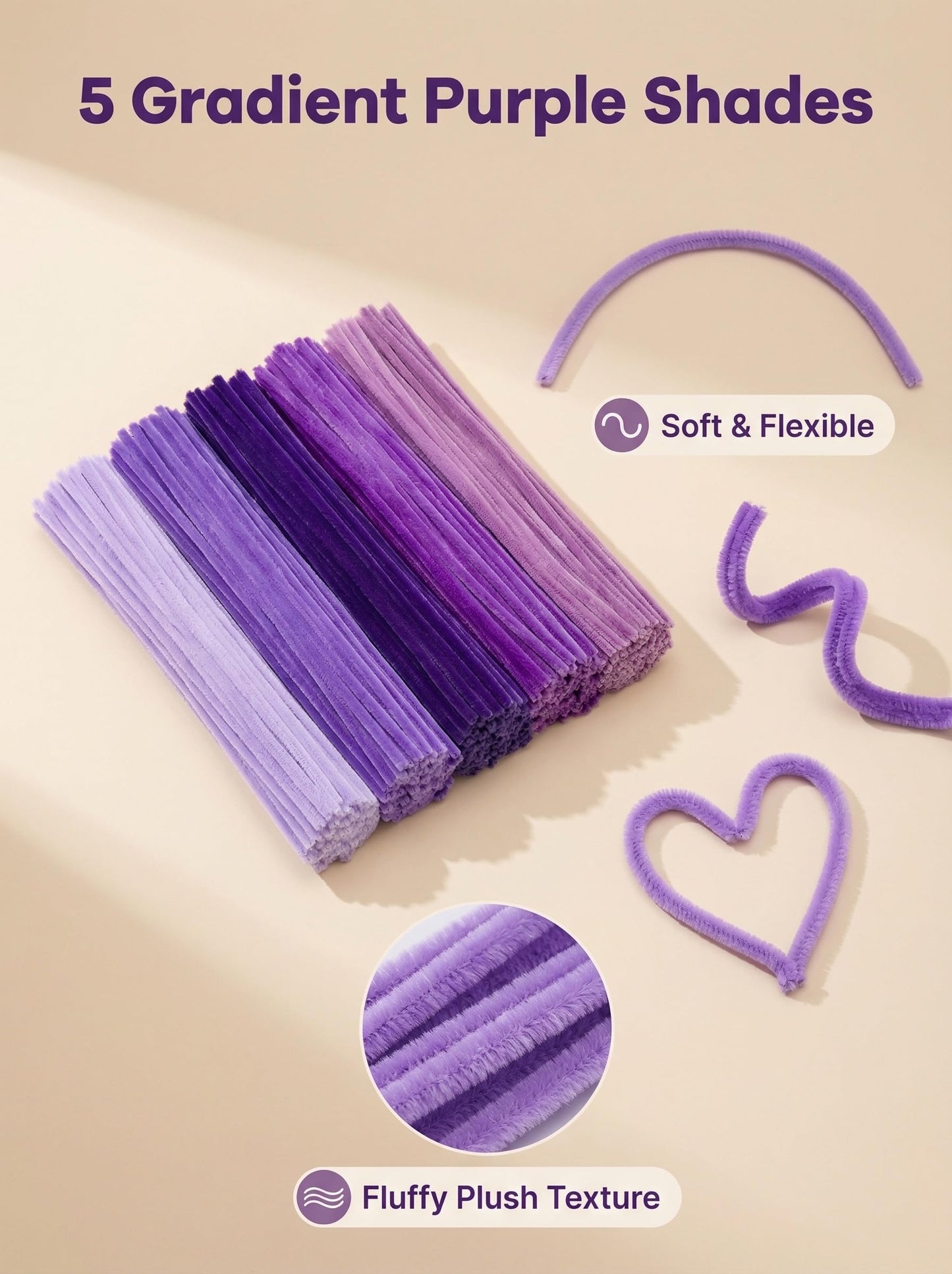 YYUENG TAK 300 pcs Purple Pipe Cleaners Bulk(5 Different Tone Purple) - Fluffy Craft Pipe Cleaners for Arts & Crafts, Ideal for Making Flowers