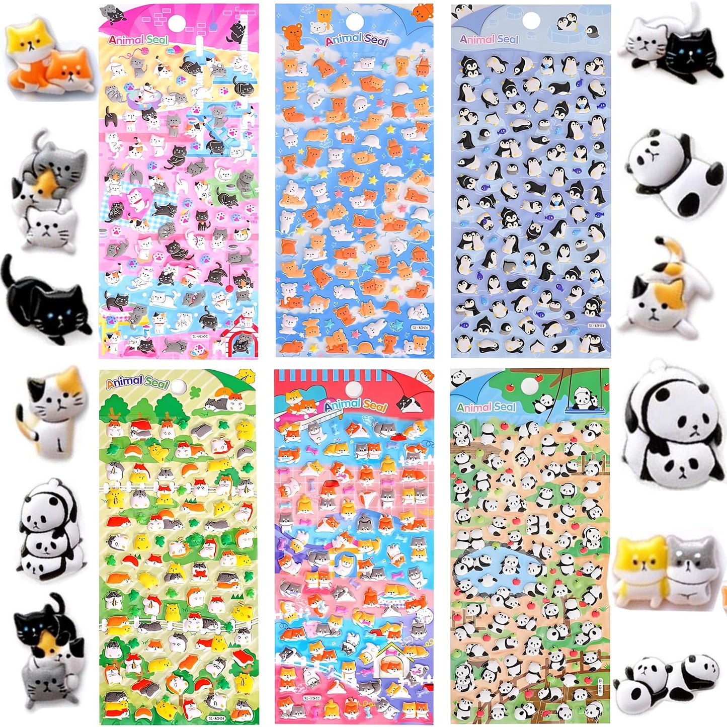 Puffy Animal Stickers Cute Mini 3D Penguin Puppy Panda Bear Stickers Fluffy Raised Stickers for Indoor Outdoor Decoration 6 Sheets Ideal for Laptops