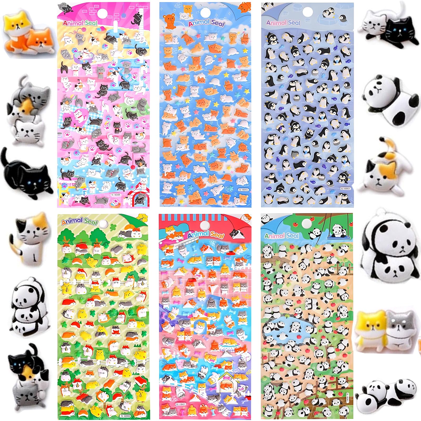 Puffy Animal Stickers Cute Mini 3D Penguin Puppy Panda Bear Stickers Fluffy Raised Stickers for Indoor Outdoor Decoration 6 Sheets Ideal for Laptops