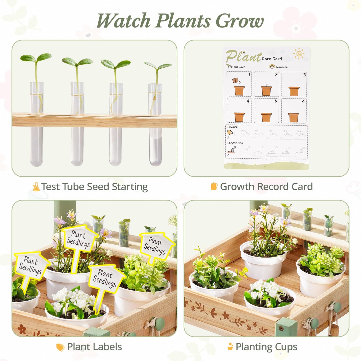 ROBOTIME Kids Gardening Tools with Cart Wheelbarrow - Wooden Outdoor Garden Toys Set with Watering Can, Shovel, Hand Rake & Plant Labels, Outdoor