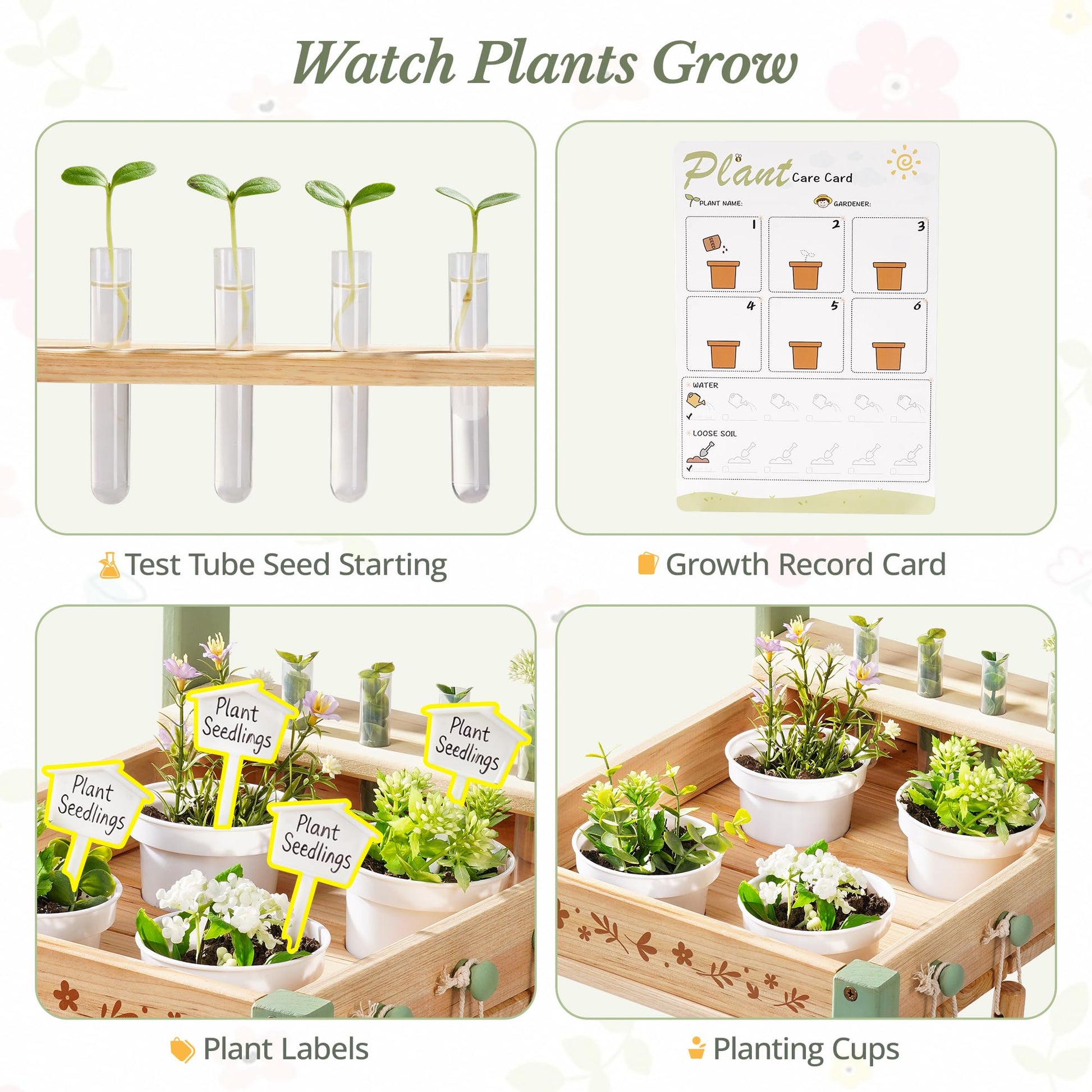 ROBOTIME Kids Gardening Tools with Cart Wheelbarrow - Wooden Outdoor Garden Toys Set with Watering Can, Shovel, Hand Rake & Plant Labels, Outdoor