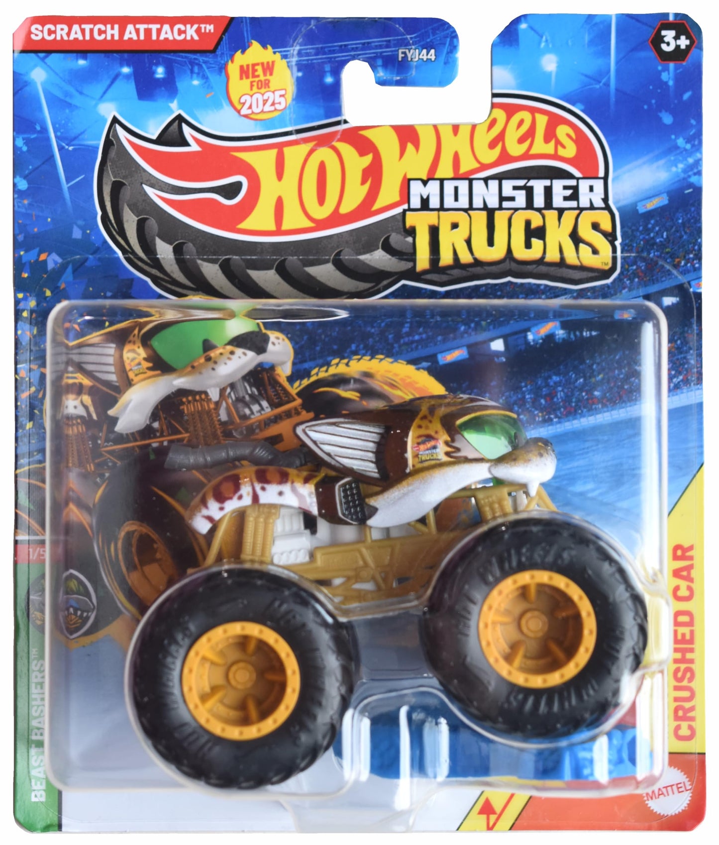 Hot Wheels Monster Trucks Scratch Attack, Beast Bashers 1/5 Includes Crushed Car 1:64 Scale