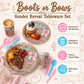 HrEtngiz 175PCS Boots or Bows Gender Reveal Party Decorations - Includes Paper Plates, Cups, Napkins, Spoons, Forks, and Knives, Western Theme Gender