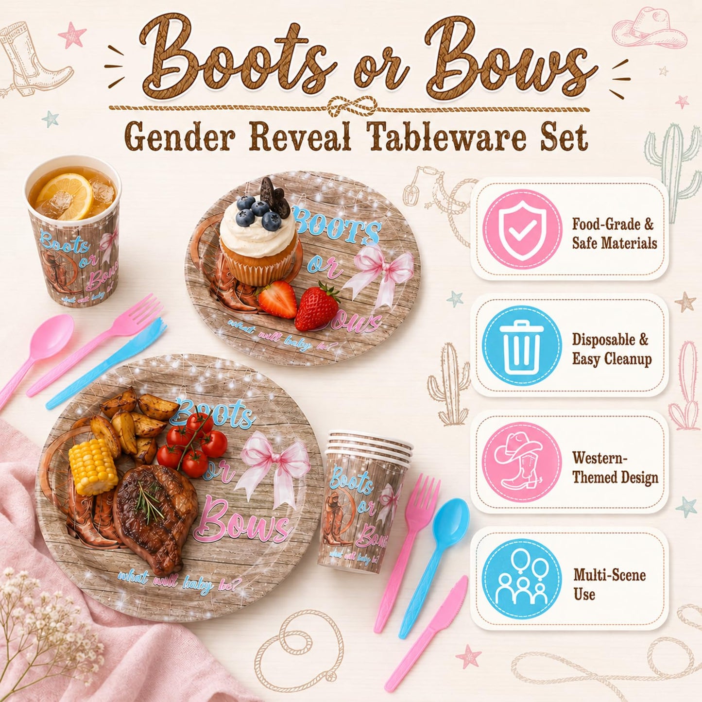 HrEtngiz 175PCS Boots or Bows Gender Reveal Party Decorations - Includes Paper Plates, Cups, Napkins, Spoons, Forks, and Knives, Western Theme Gender