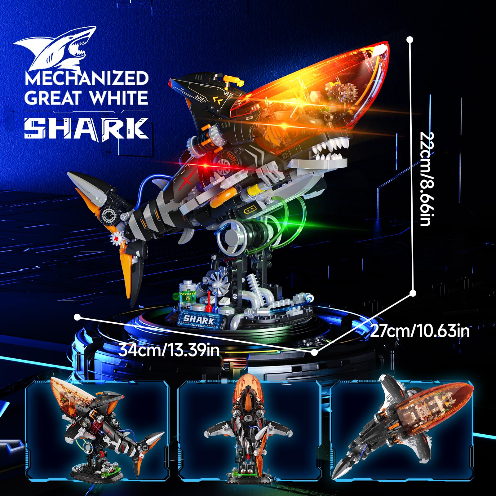 Punk Style Shark Building Set with Light, 1076-PCS Articulated Mechanical Jaws Fish Model with Display Stand, Ocean Predator Kit for Kids 8+