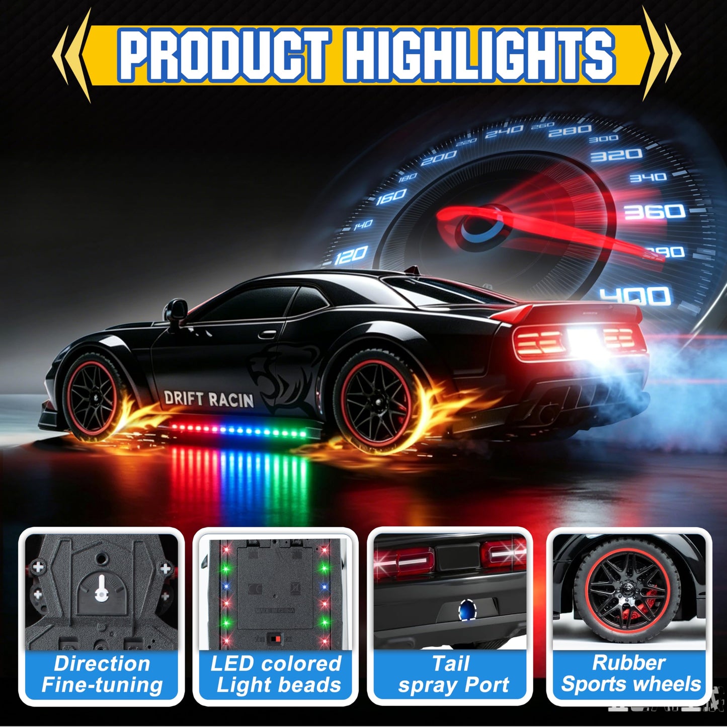SYUUKH Remote Control Car 1:14 Scale RC Cars with Spray Effect, LED Lights & Realistic Sound, 2.4GHz Racing Toy with Controller, Christmas Birthday
