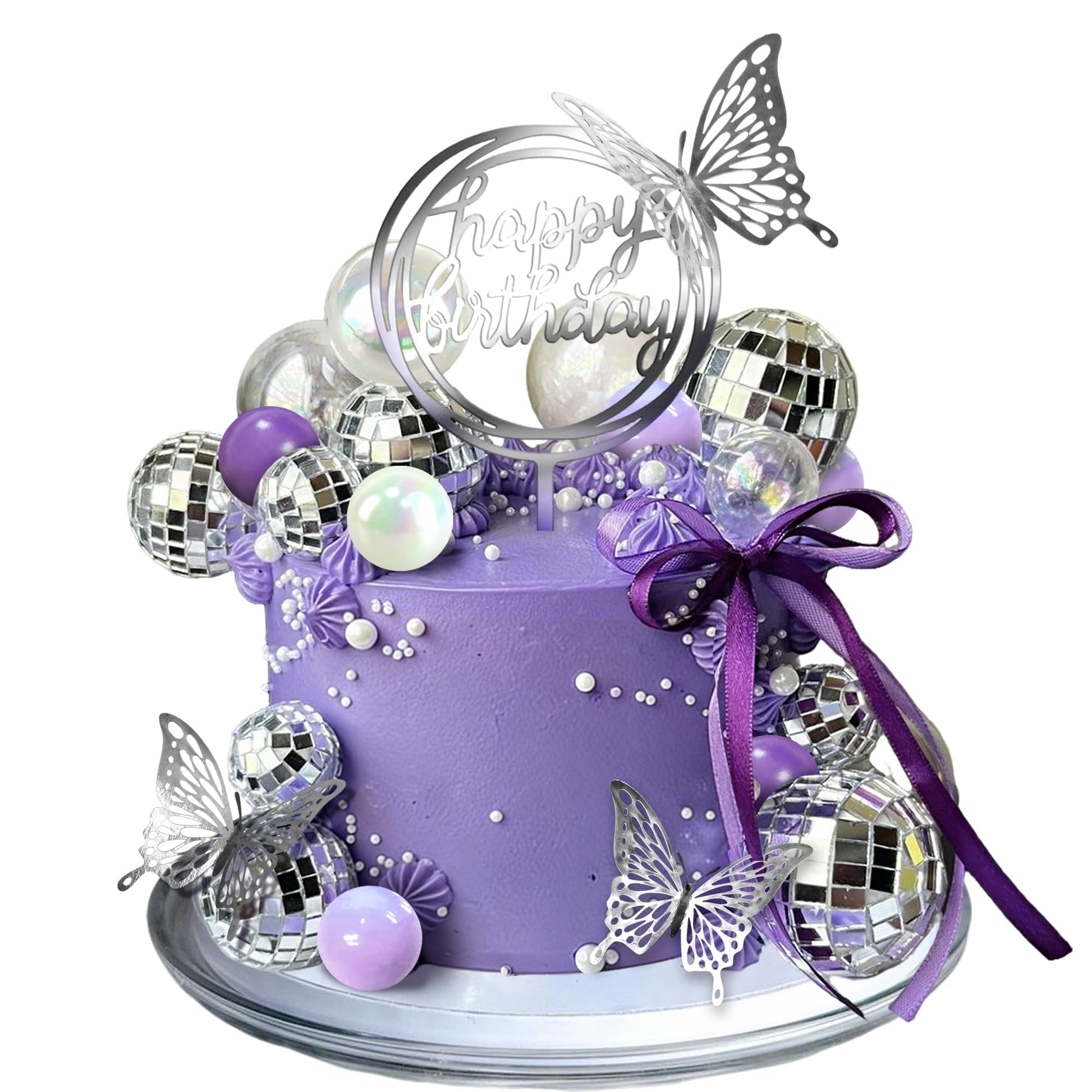 Disco Ball Cake Topper Purple and Transparent Pearl Balls Decorations with Silver Butterfly for 70s 80s Disco Dance Music Birthday Supplies