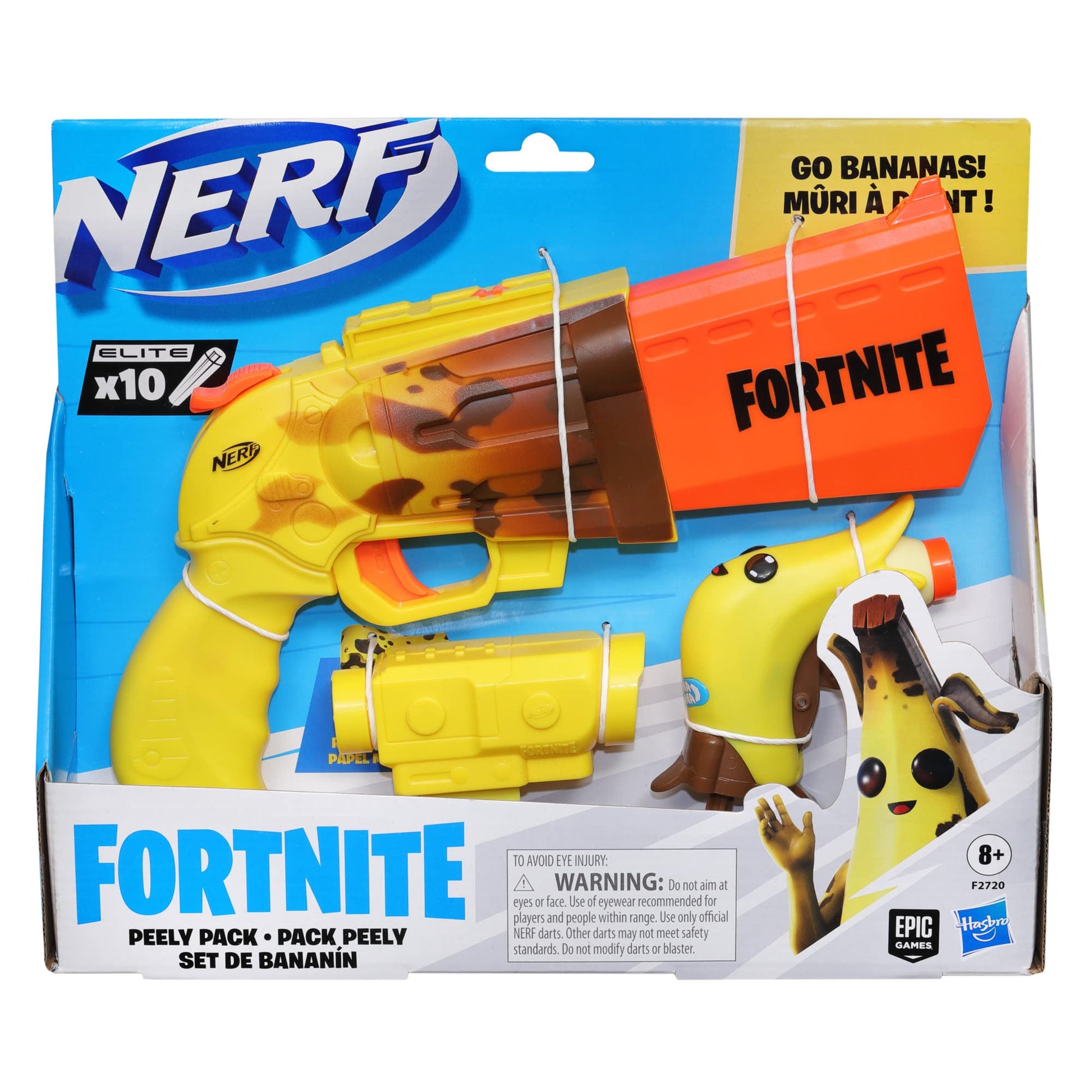 Nerf Fortnite Peely Launcher Set of 2 - Includes 4-Dart SR-Ripe Launcher with Hammer, Micro Peely Launcher and 10 Official Elite Darts