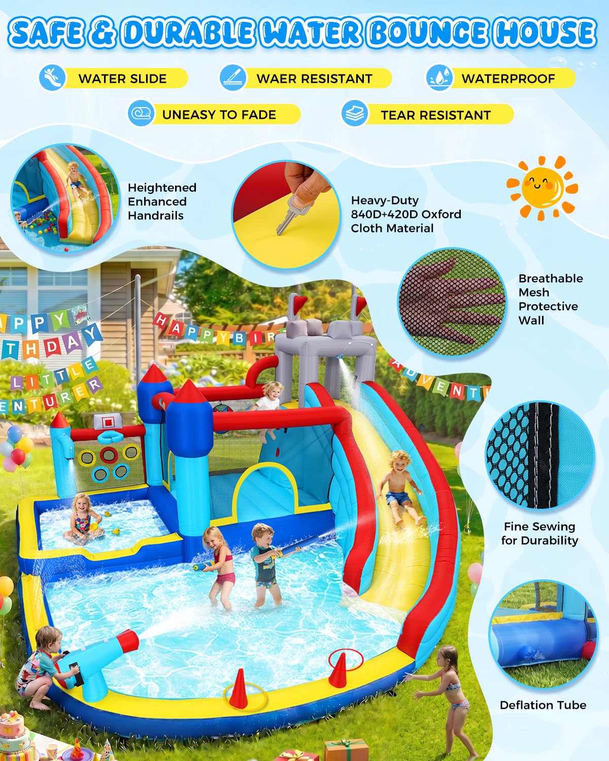 13-in-1 Water Slide Bounce House for Kids Backyard, 15x14.3x8.5FT Sport Waterpark with Deep Pool/Shower Head/Ball Holes/Soccer Goal/Basketball