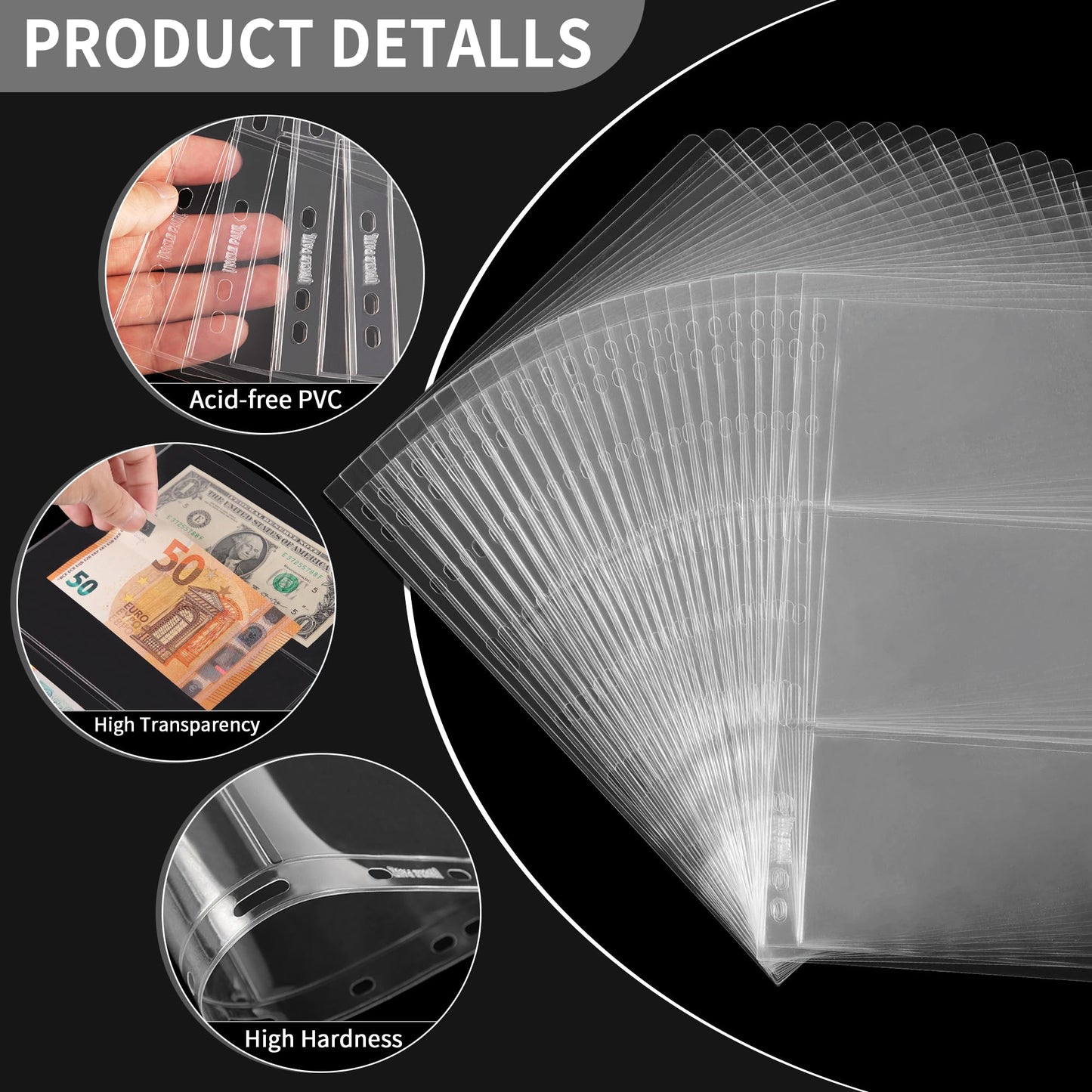 24 Sheets Currency Sleeves for Collectors Acid-Free PVC Paper Money Currency Pocket Pages Coin Collection Supplies - 72 Pockets 9-Hole Stamp Page