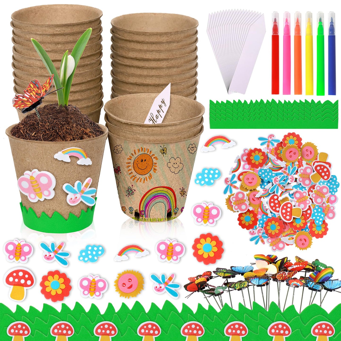 Garden Paper Pot Craft Kit 20 Pack Flower Plant Summer Craft with 50pcs Adhesive Foam Stickers 20pcs Paper Mache Pots Label Pen Flower Planting