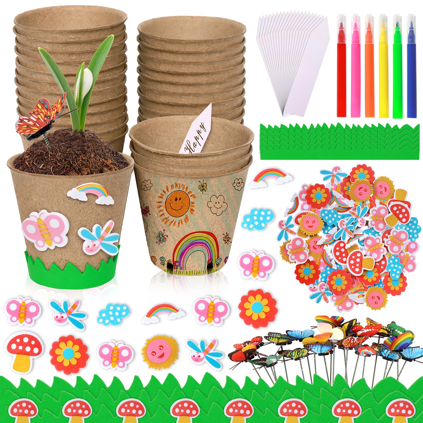 Garden Paper Pot Craft Kit 20 Pack Flower Plant Summer Craft with 50pcs Adhesive Foam Stickers 20pcs Paper Mache Pots Label Pen Flower Planting