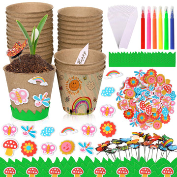 Garden Paper Pot Craft Kit 20 Pack Flower Plant Summer Craft with 50pcs Adhesive Foam Stickers 20pcs Paper Mache Pots Label Pen Flower Planting