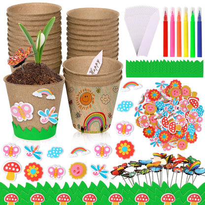 Garden Paper Pot Craft Kit 20 Pack Flower Plant Summer Craft with 50pcs Adhesive Foam Stickers 20pcs Paper Mache Pots Label Pen Flower Planting