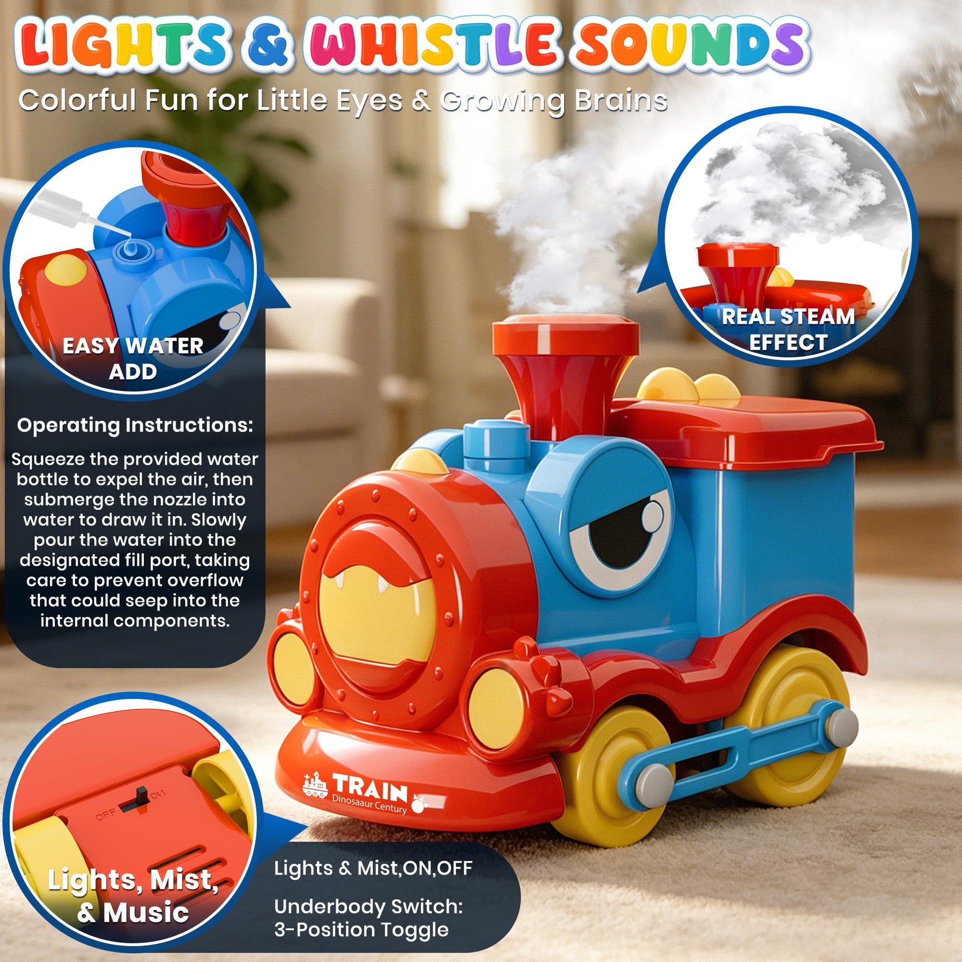 Train Set for Toddlers with Steam, Music & Lights, Electric Choo Choo Train Toy with Tracks & Magnetic Construction Cars, Toy Train Set for Kids