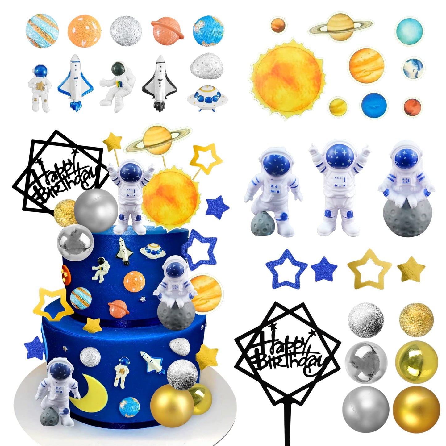 40PCS Astronaut Cake Toppers - Outer Space Astronaut Figurine Meteorite Planet Rocket Stars and Gold Silver Ball Space Theme Cake Decorations
