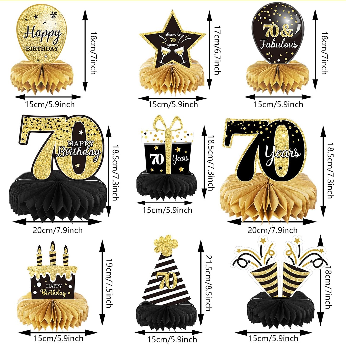 9 Pieces 70th Birthday Decoration 70 th Birthday Centerpieces for Tables Decorations Cheers to 70 Years Honeycomb Table Topper for Men and Women