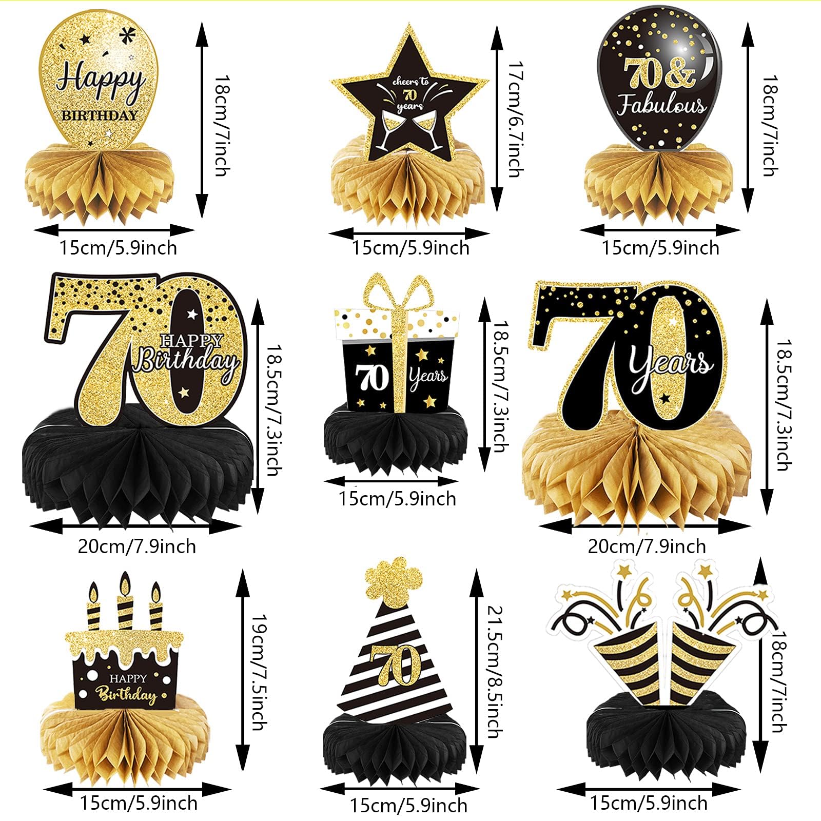 9 Pieces 70th Birthday Decoration 70 th Birthday Centerpieces for Tables Decorations Cheers to 70 Years Honeycomb Table Topper for Men and Women