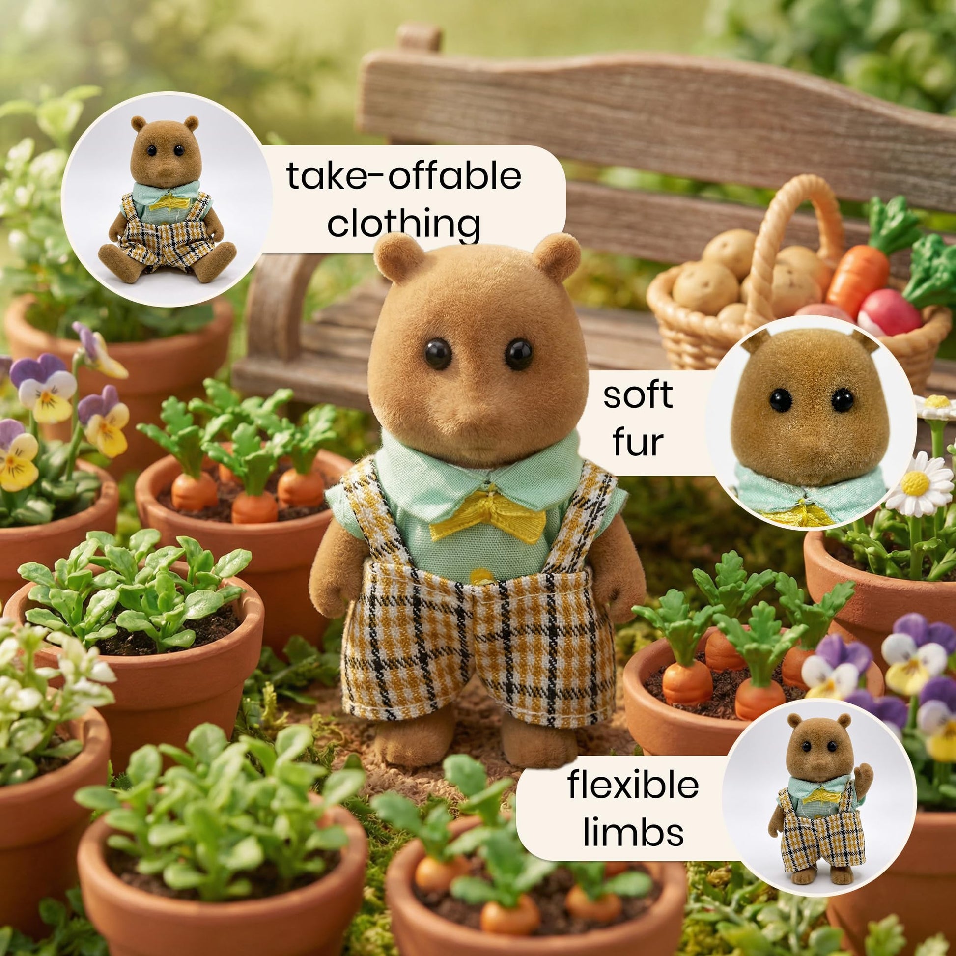 OLEOCA Family Brown Squirrel Figures - Set of 2 Collectible Flocked Mini Dolls with Removable Clothes, Dollhouse Pretend Play Set for Kids Ages 3+