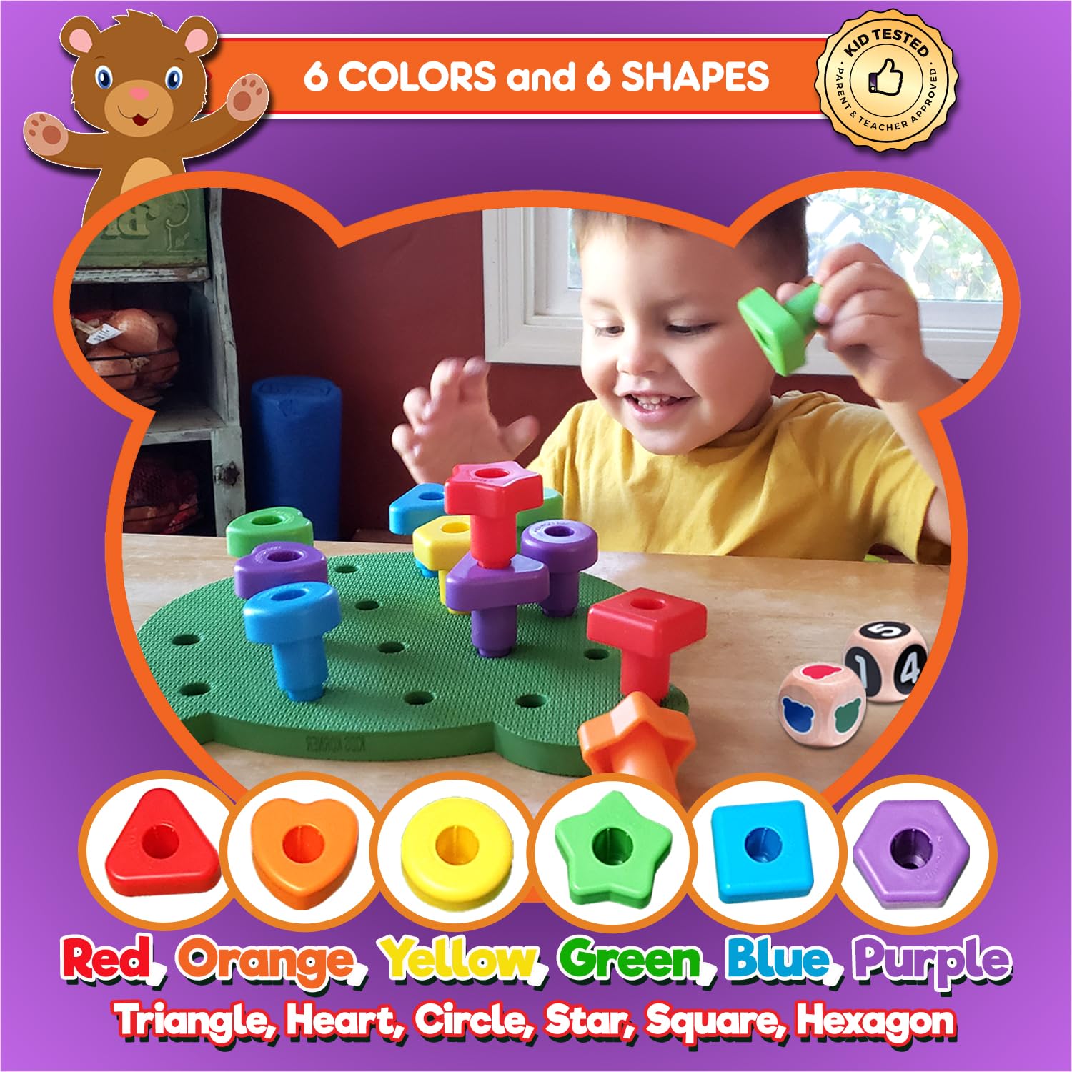 Jumbo Stacking Shapes Pegboard Set for Kids with 18 Pegs, 2 Wooden Dice, Lacing String & Storage Box (Light Rainbow Colors)