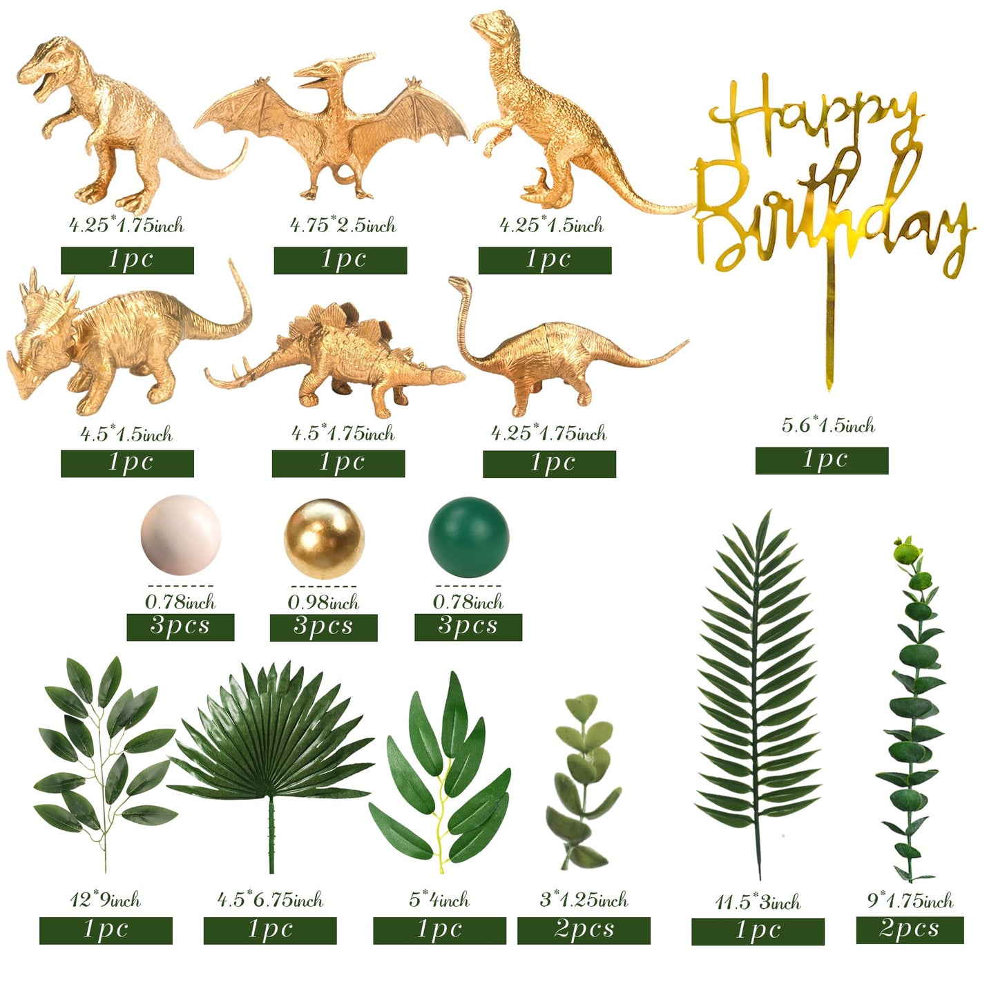 21 PCS Gold Dinosaur Cake Toppers Dinosaur Figures Green Ball Cake Decorations for Dinosaur Theme Birthday Supplies (Gold)