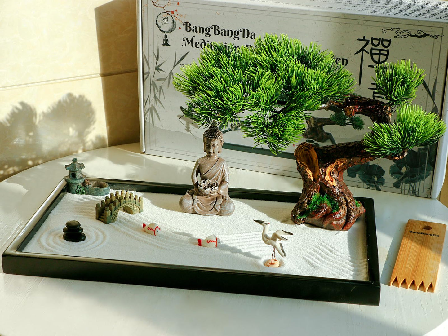 BangBangDa Japanese Zen Garden Kit for Desk - Meditation Rock Sand Garden for Birthday Gift Office Home Desktop Relaxation Decor Bamboo Rakes Bonsai