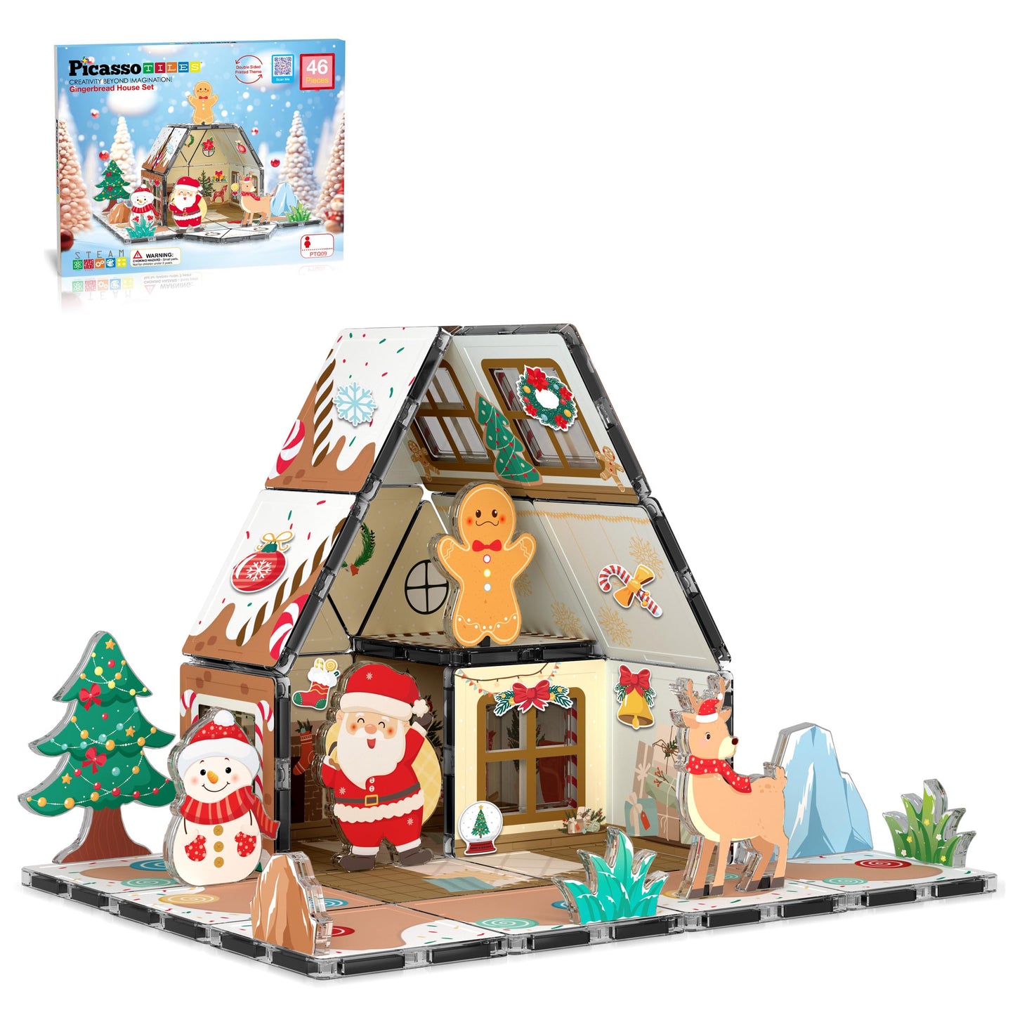 PicassoTiles Magnetic Tiles Gingerbread House Holiday Character Action Figures Santa, Snowman, Deer Winter Theme Construction Kit Magnet Building
