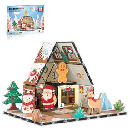 PicassoTiles Magnetic Tiles Gingerbread House Holiday Character Action Figures Santa, Snowman, Deer Winter Theme Construction Kit Magnet Building