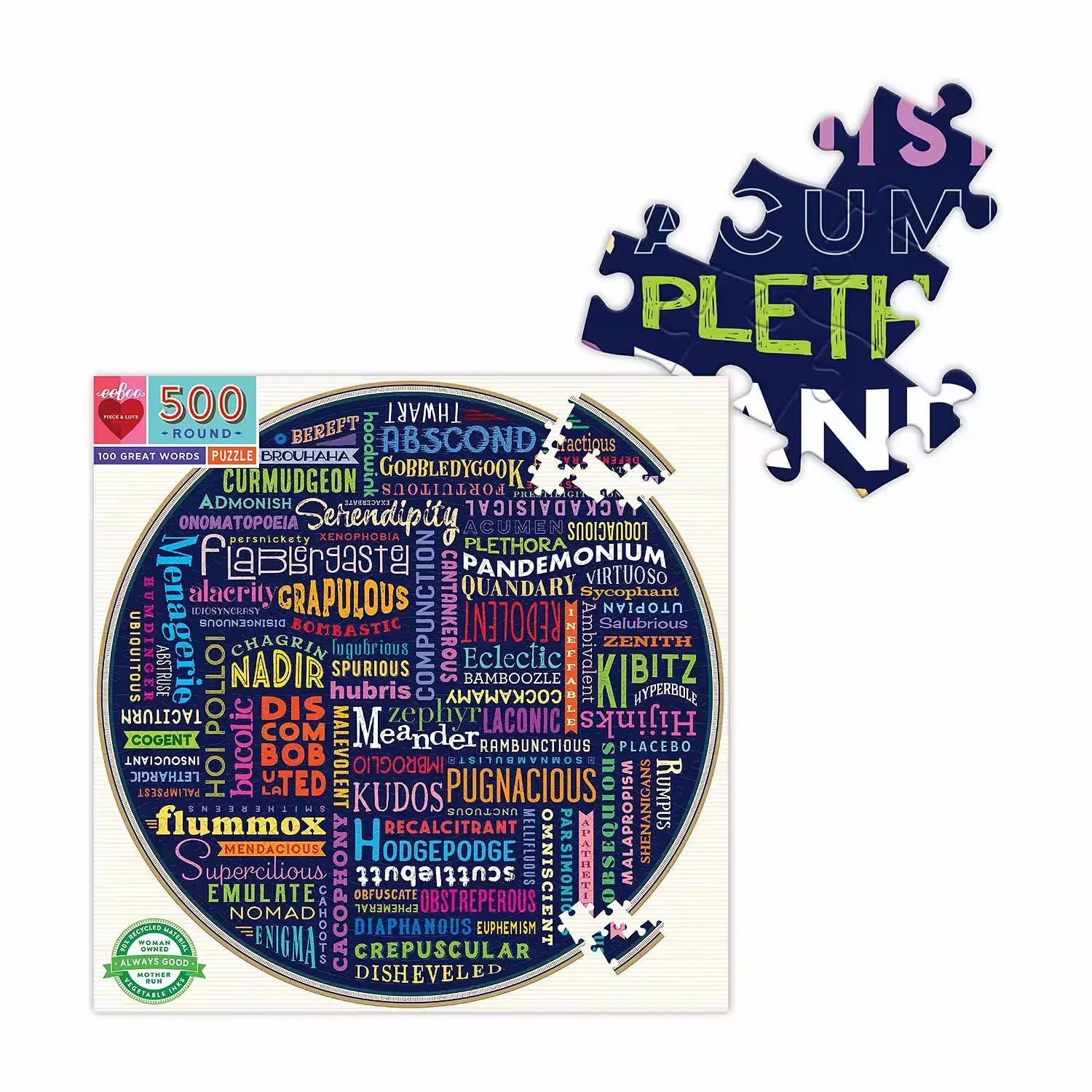 eeBoo 500 Piece Puzzle - 100 Great Words Jigsaw Puzzle for Adults, Circular with 23" Diameter Made with Recycled Board & Vegetable-Based Ink