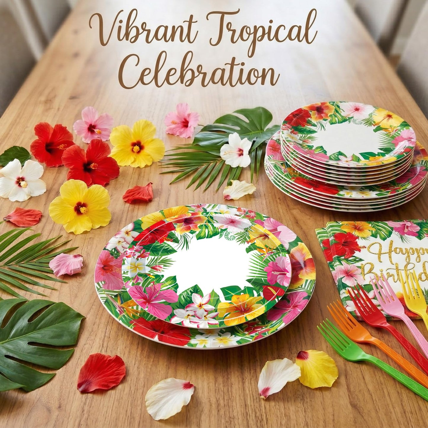 100 Pcs Tropical Happy Birthday Tableware Set, Serves 25 - Disposable Hibiscus Floral Paper Plates, Napkins, Forks, Hawaiian Aloha Party Supplies