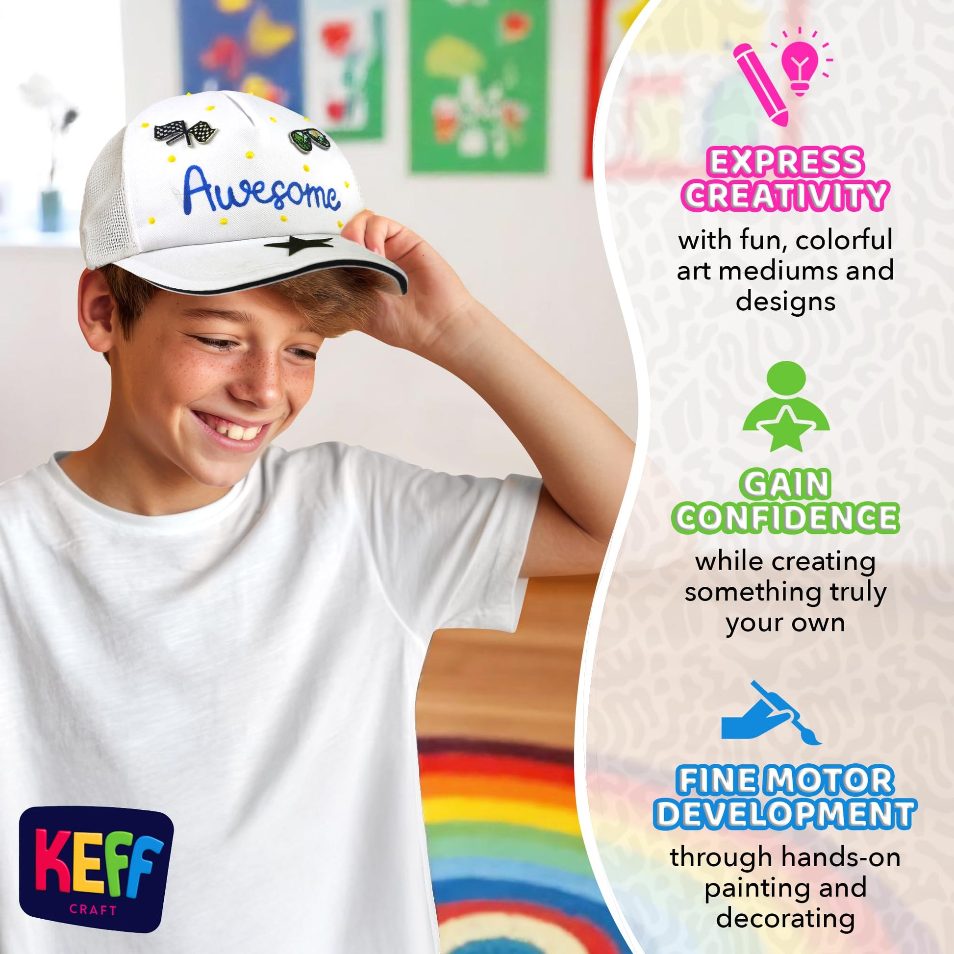 KEFF Decorate Your Own Blank Trucker Hat for Kids - Includes 1 Mesh-Back Cap, 12 Embroidered Patches (Stick on Patches), 5 Puff Paints, Paint Brush