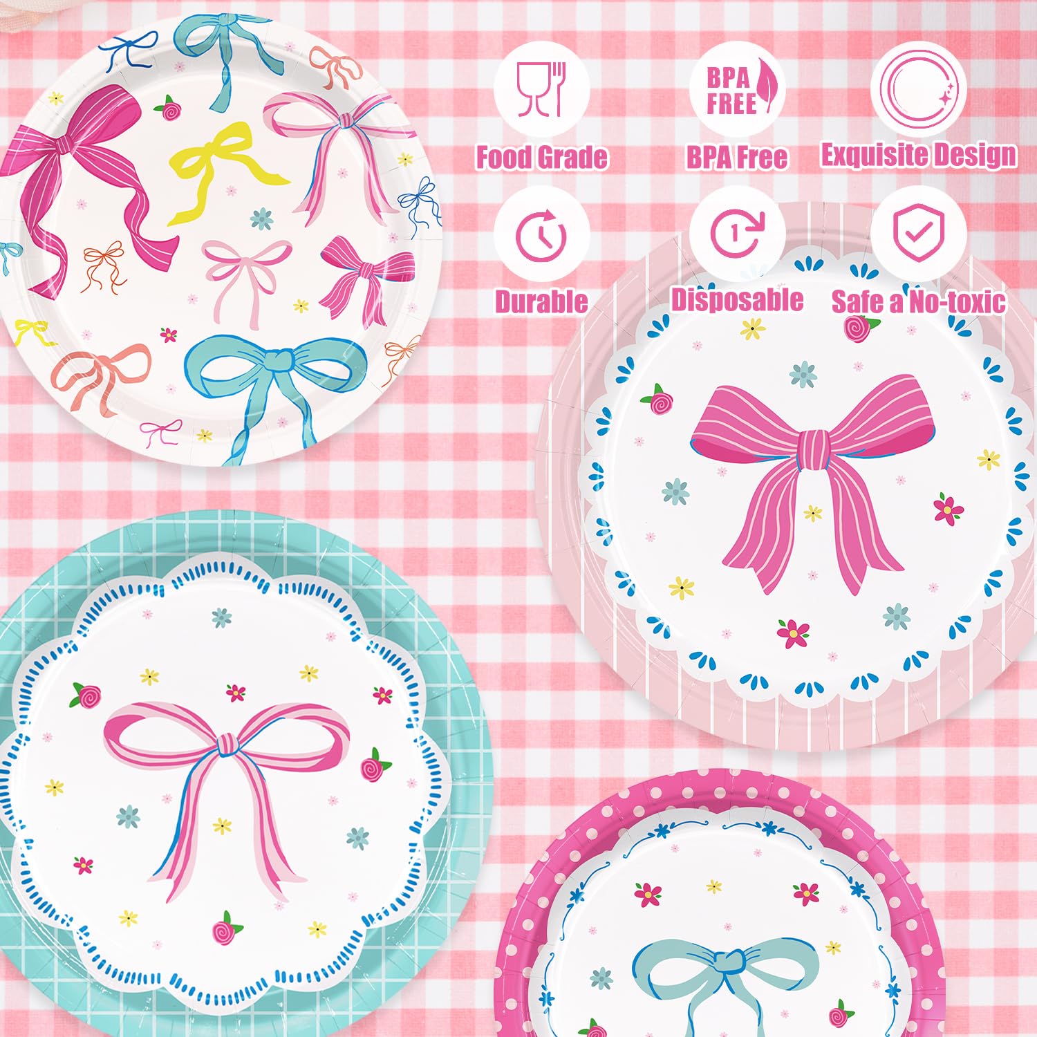 48pcs Bow Paper Plates Bow Birthday Party Decorations 7 Inch & 9 Inch