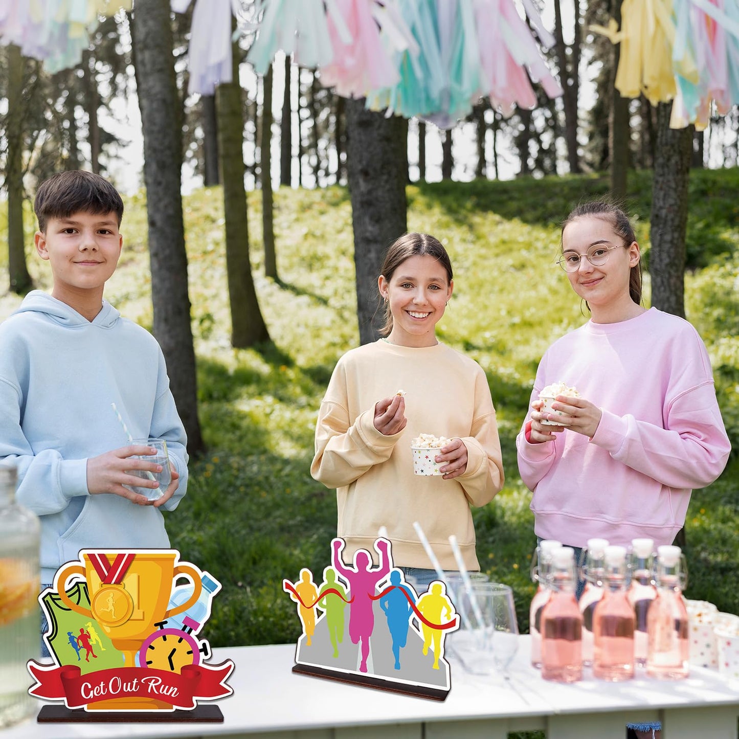 Ioffersuper 4 Pieces Wood Running Table Decorations Running Tabletop Centerpieces Running Marathon Table Toppers Sport Birthday Party Decoration
