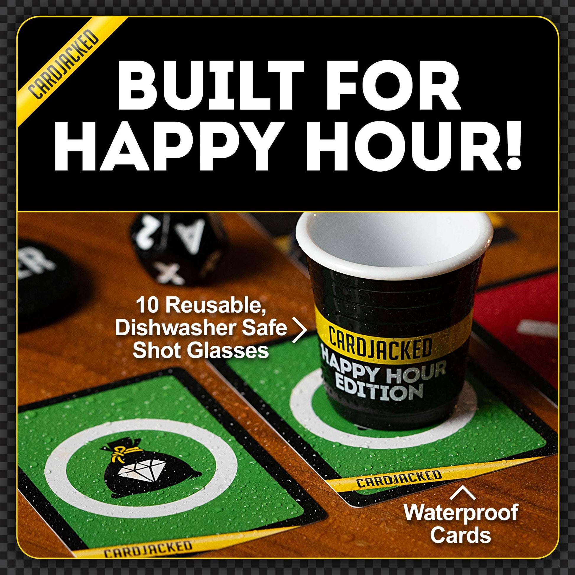 CARDJACKED Happy Hour Edition Card Game - Adult Drinking Game (21+) for 4-10 Players - Includes Waterproof Cards & Shot Glasses