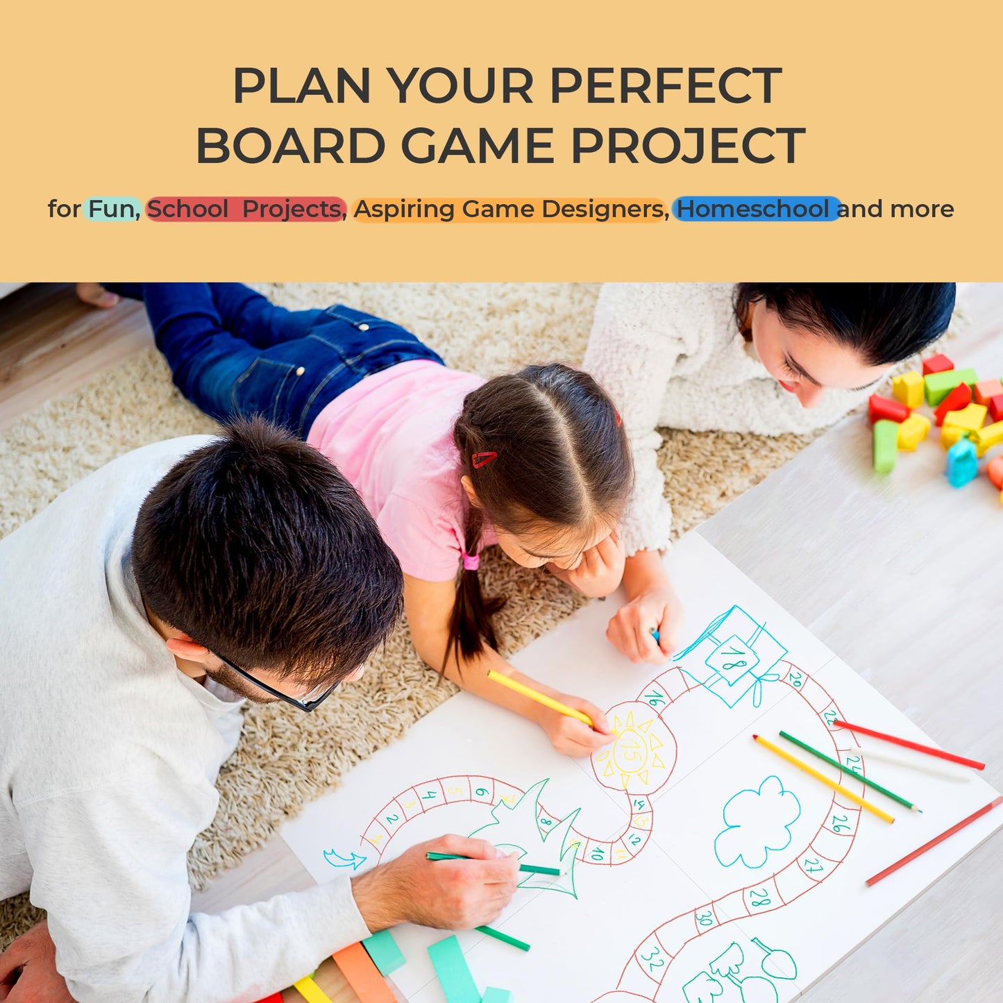 DIY Board Game Kit - Make Your Own Board Game Kit with Double-Sided Blank Game Board, Blank Box, Game Pieces, and Accessories