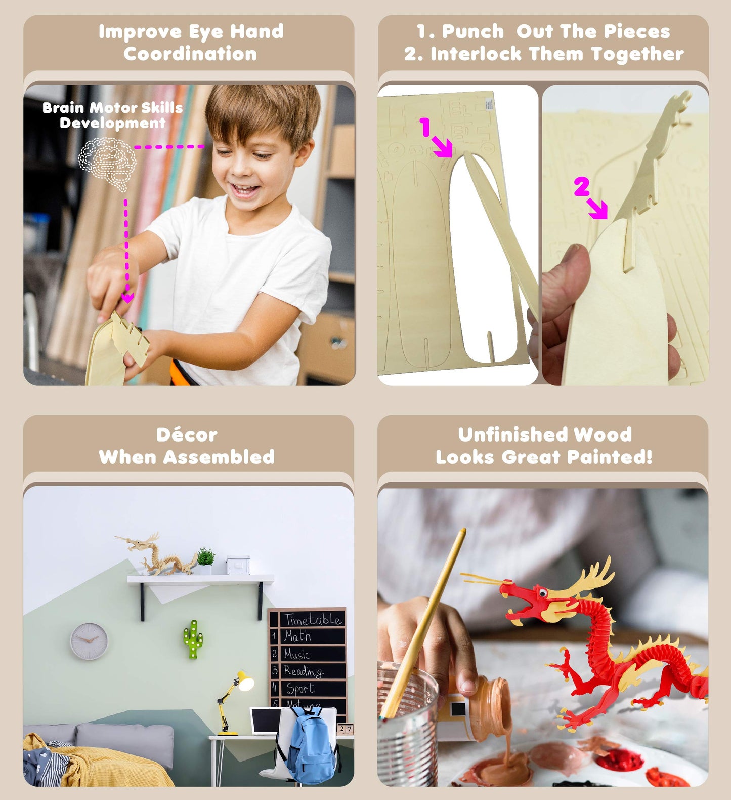 Puzzled 3D Puzzle Dragon Building Kit - Wooden Dragon Puzzle Toy for Kids and Adults, Educational DIY Wood Puzzle Toy Dragon, Dragon Model Kit 3D