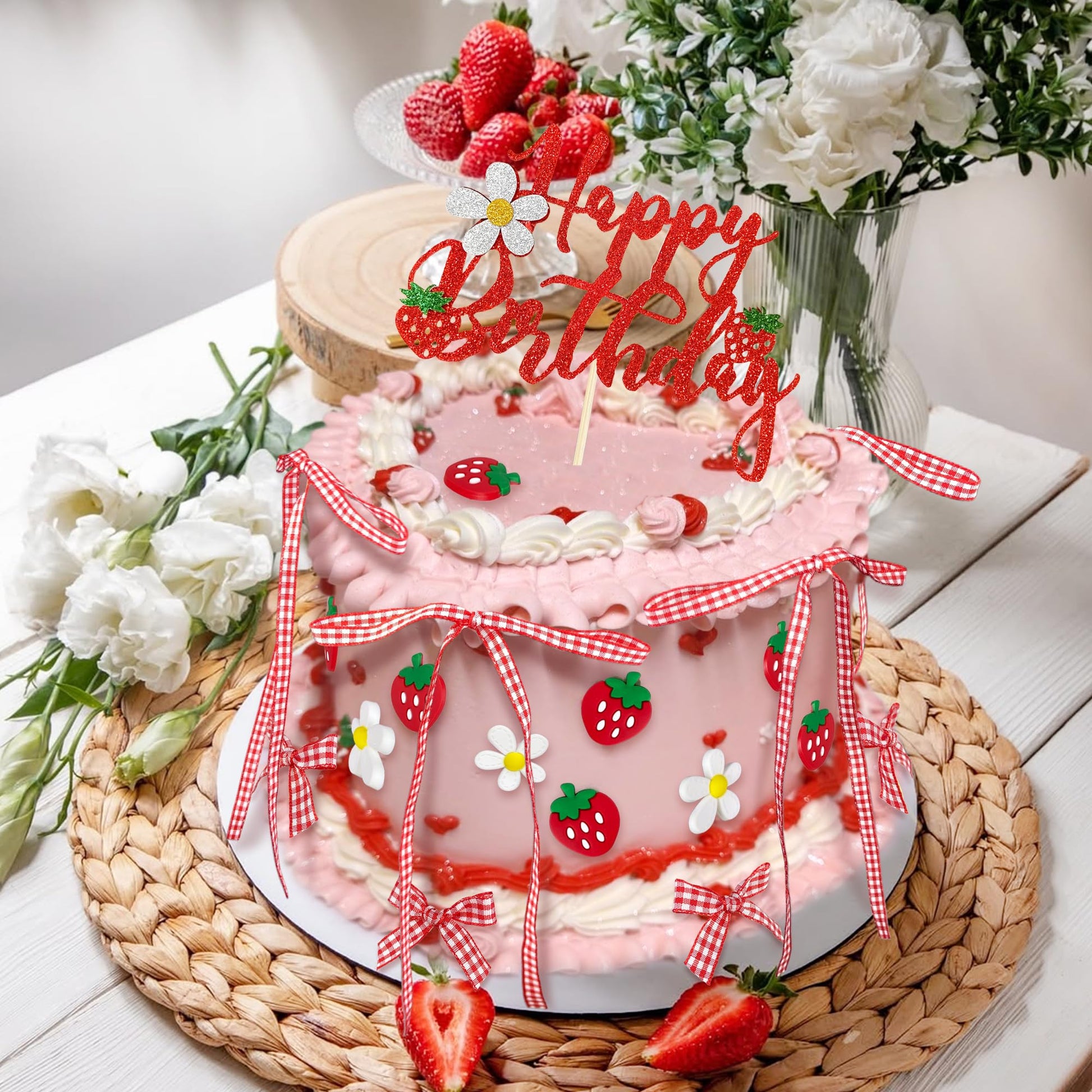 71PCS Strawberry Bow Cake Decorations Set Happy Birthday Strawberry Cake Topper and Cupcake Bows Decorations for Baby Shower Bridal Shower Graduation