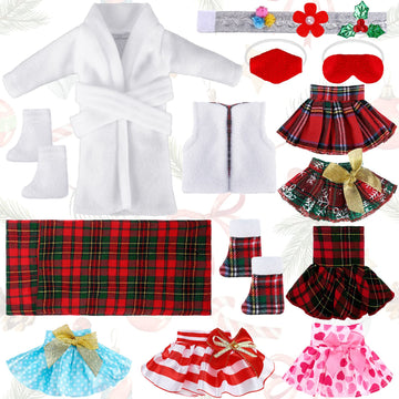 Sumind 14 Pieces Christmas Doll on Clothes Accessories Outfits Set Including Skirts, Bathrobe, Sleeping Bag, Fluffy Vest, Shirt, Scarf, Eye Cover