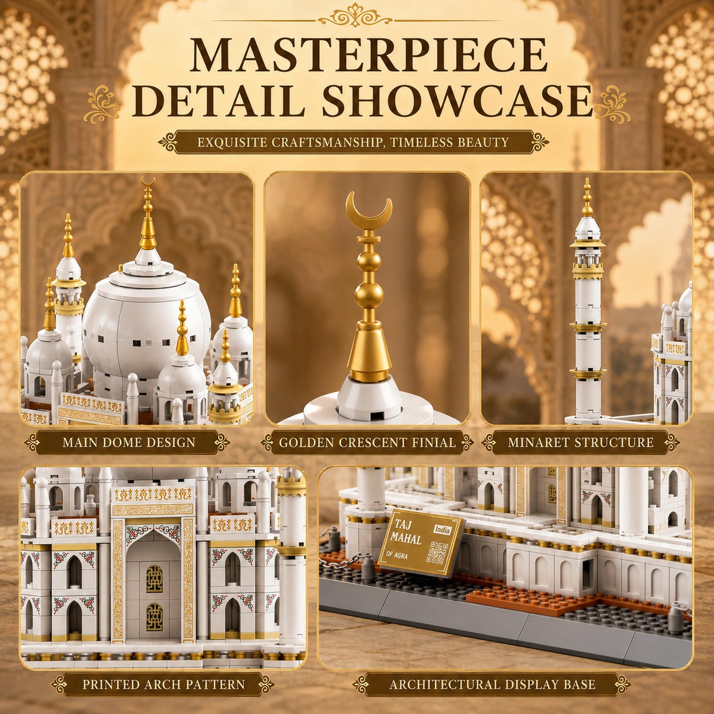 LQPFBSM Taj Mahal Building Block Set 1113 Pieces Large World Wonder Architecture Model India Landmark Souvenir with Golden Finials & Nameplate Gift