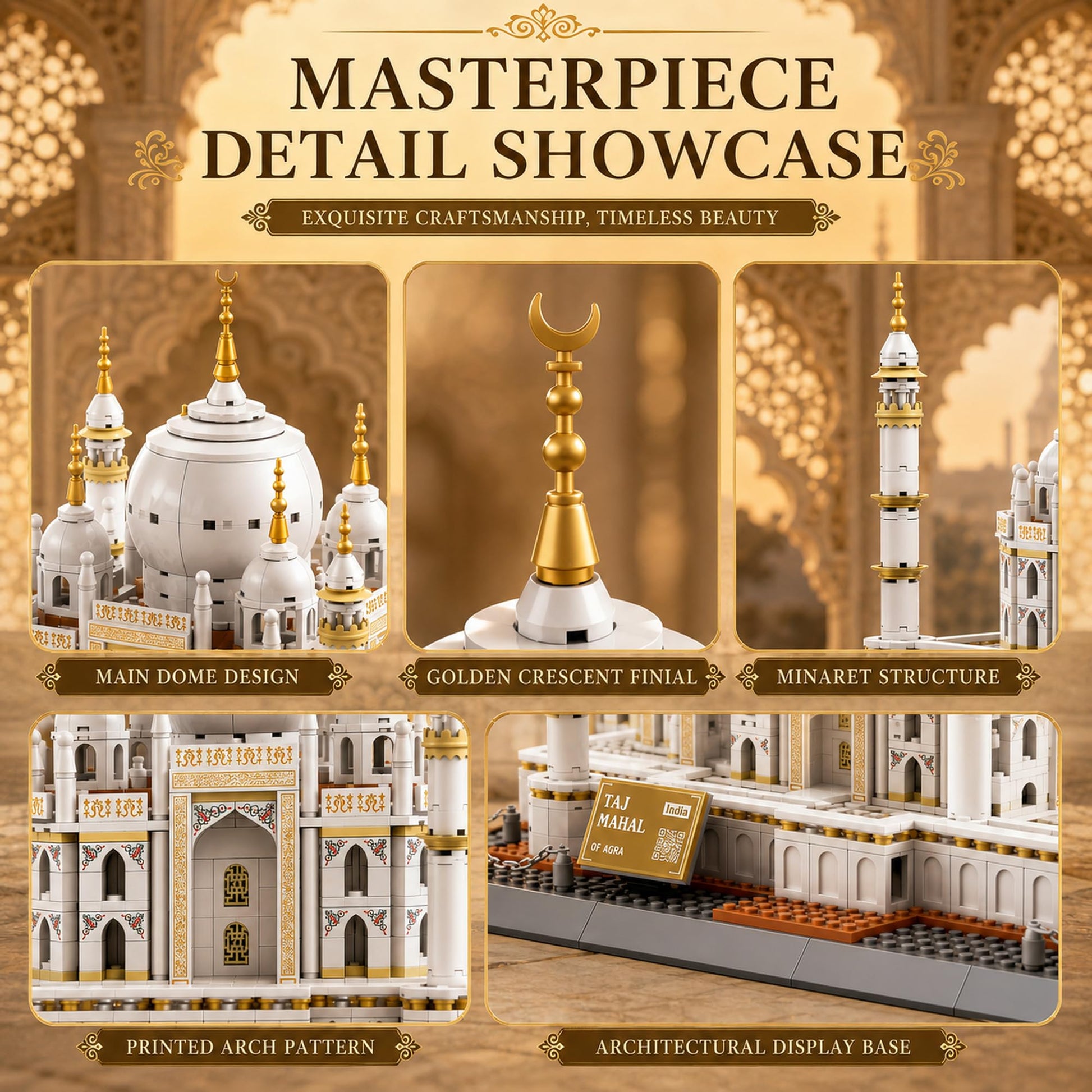 LQPFBSM Taj Mahal Building Block Set 1113 Pieces Large World Wonder Architecture Model India Landmark Souvenir with Golden Finials & Nameplate Gift